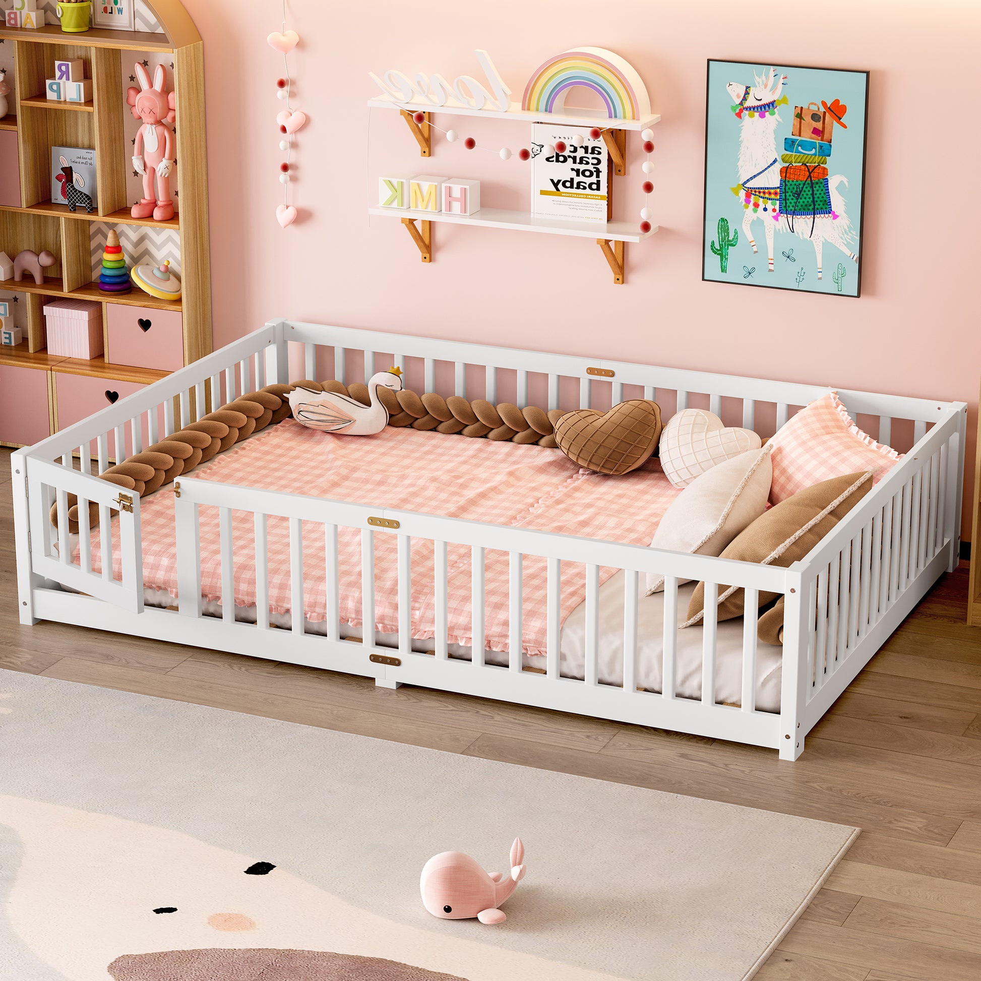 variant-group:rf-w1580p338953|Roomfitters Wooden Queen Floor Bed Frame with Door & Safety Guardrails, Low Platform Design for Bedroom or Playroom, White