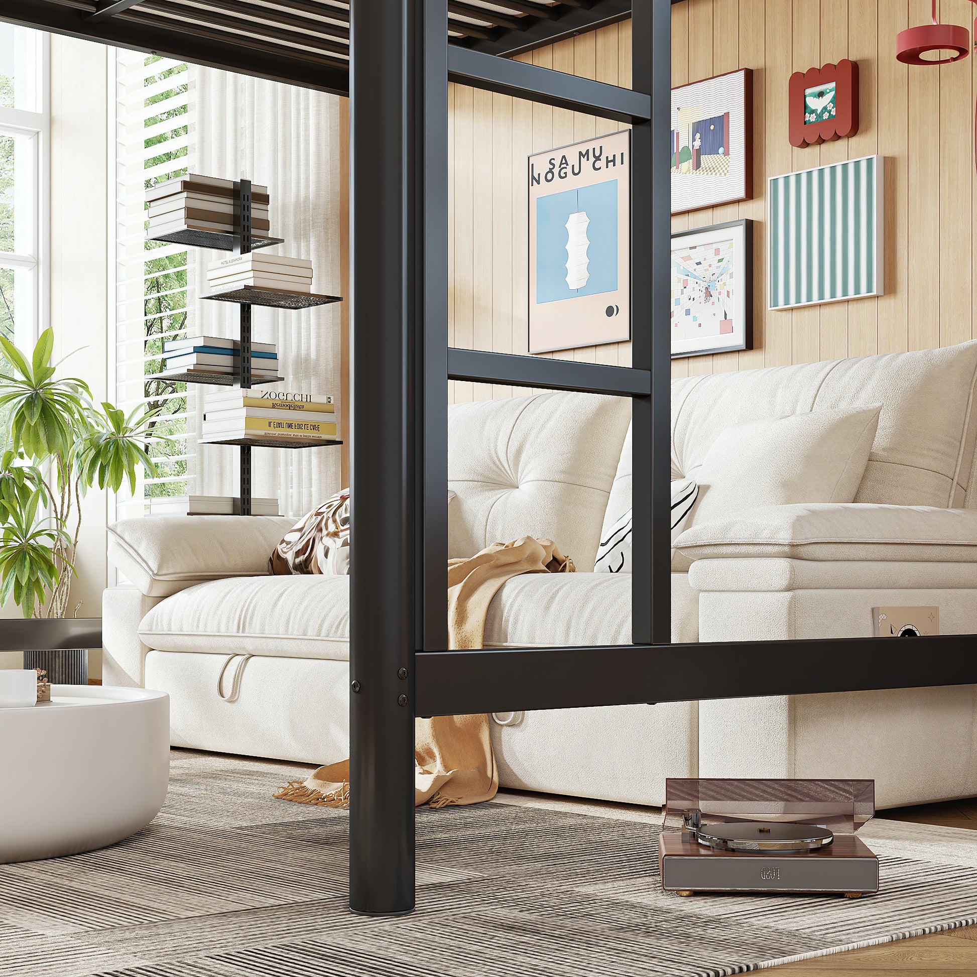 variant-group:rf-w1580p455015|Roomfitters Full Size Metal Loft Bed Frame with Guardrails, Heavy Duty Space Saving High Loft Bed Dual Ladders, Black