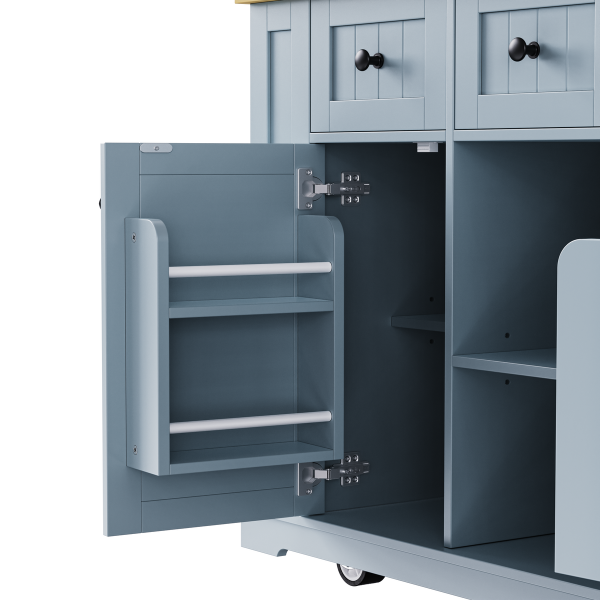 variant-group:rf-n707s003007g|Roomfitters 53" Kitchen Island with 2 Bar Stools, Drop Leaf, Power Outlet, Rolling Kitchen Cart Set with Storage, Grey-Blue