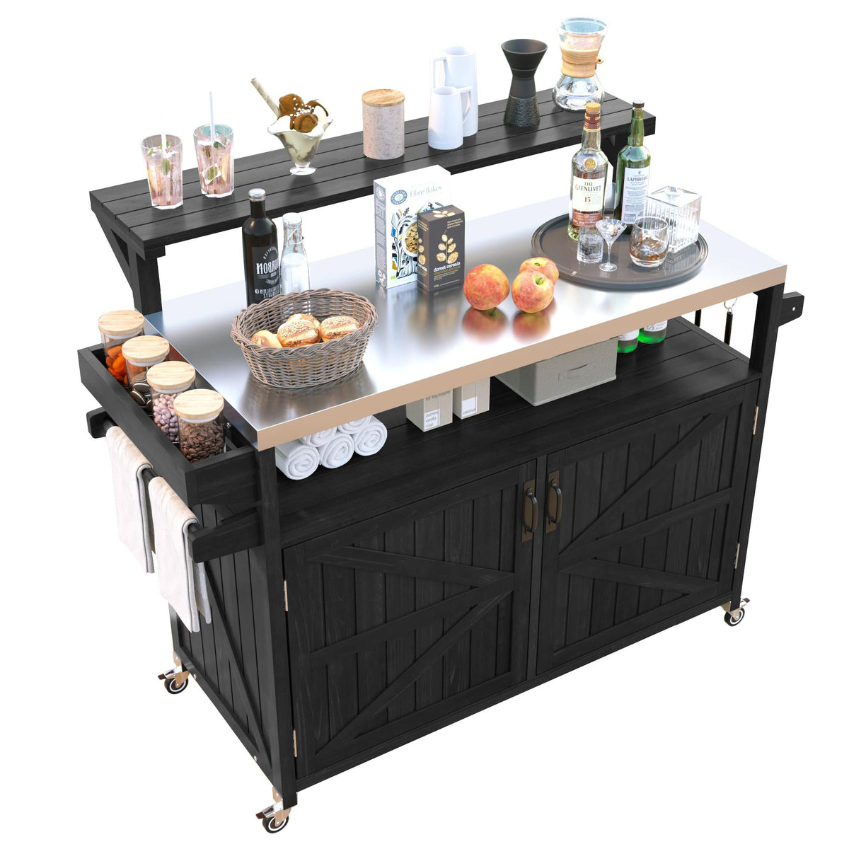 Roomfitters 56.5" Grill Cart, Outdoor Kitchen Island with Stainless Steel Top and Storage Cabinet, BBQ Prep Station, Black