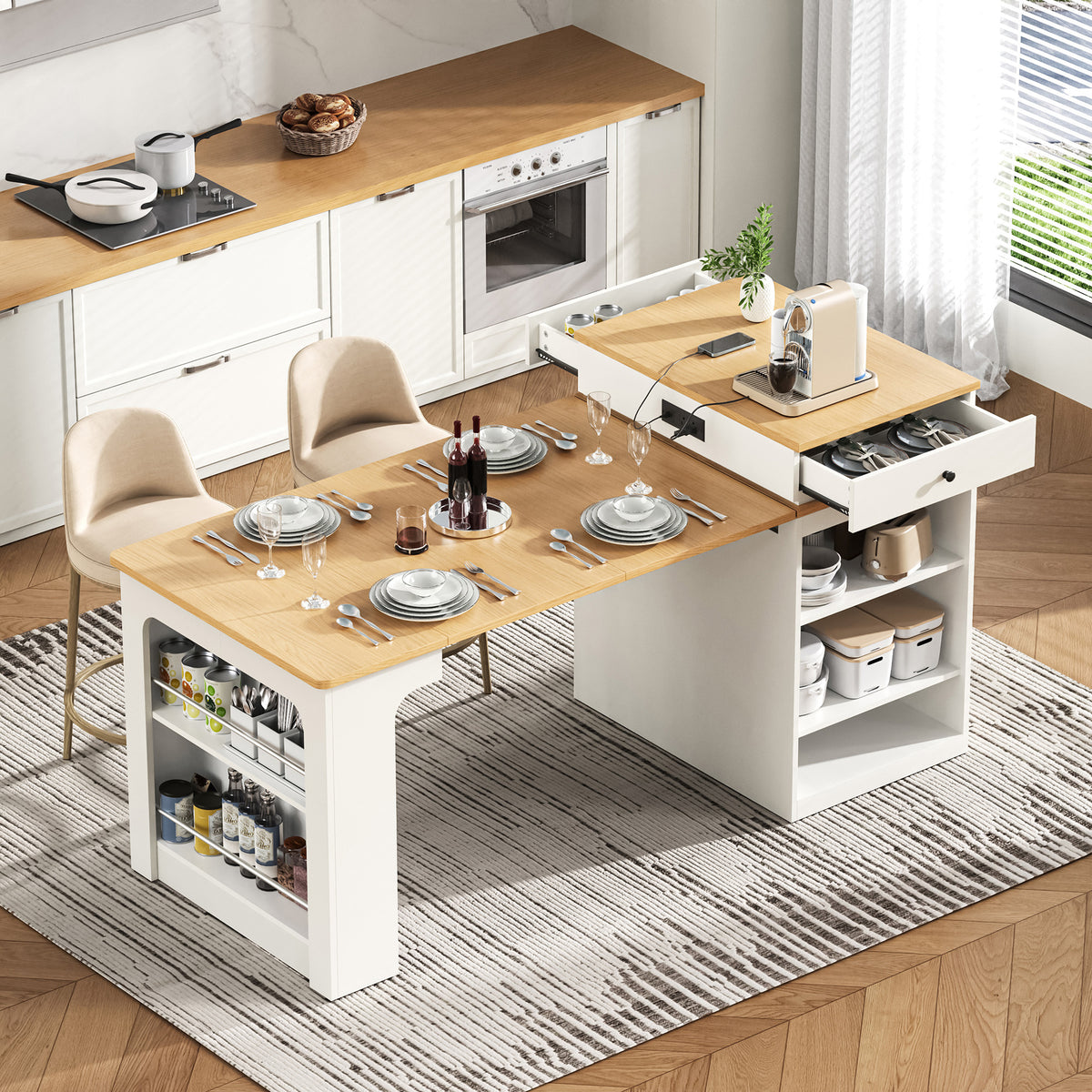 variant-group:rf-n707s000017w|Roomfitters 59.5" Kitchen Island with 41.8" Extendable Dining Table, Double-Sided Storage, Power Outlet, 2 Drawers, White