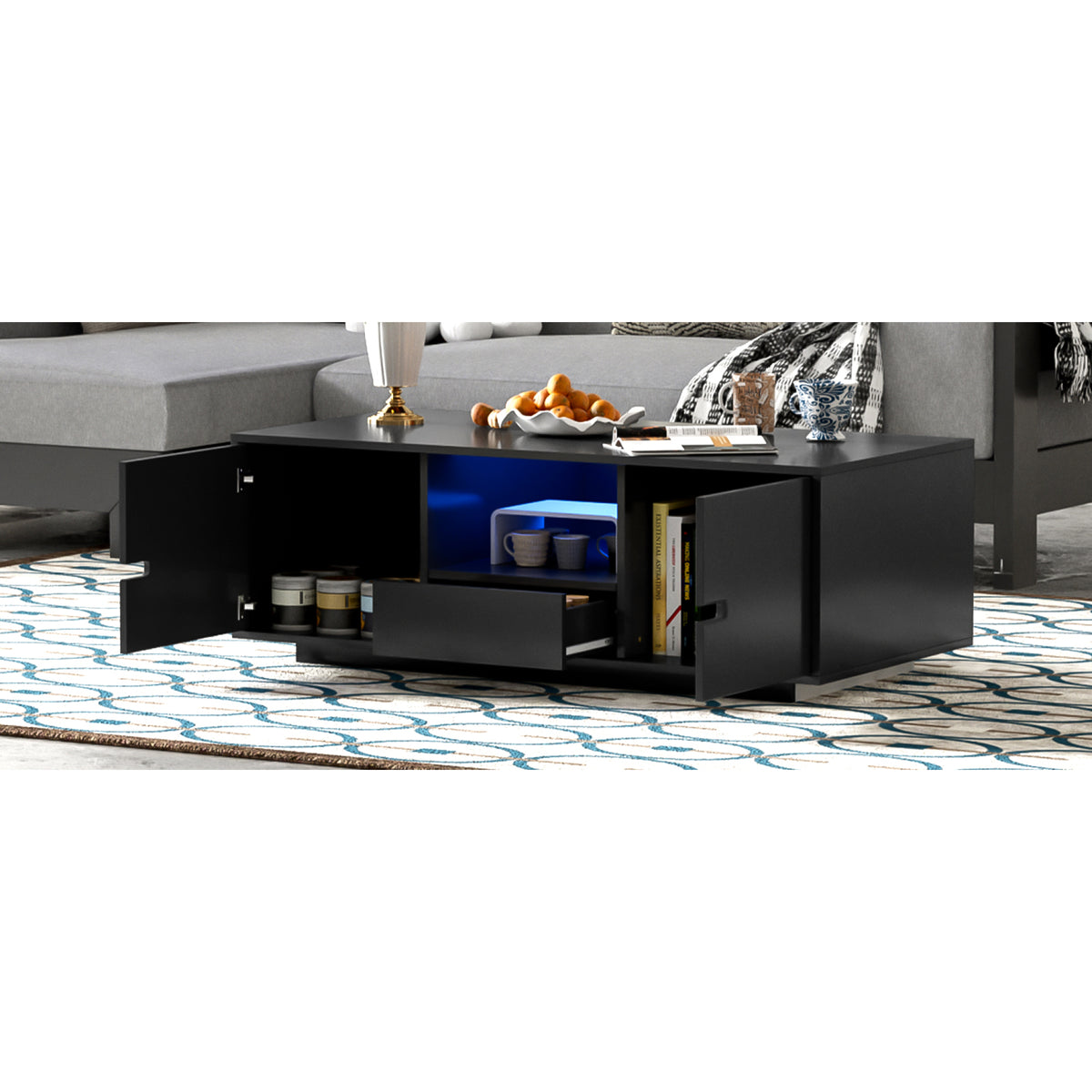 variant-group:rf-n724p294656b|Roomfitters Modern Glossy Coffee Table with Storage Space and Light Accent, Rectangle Center Table for Living Room, Black