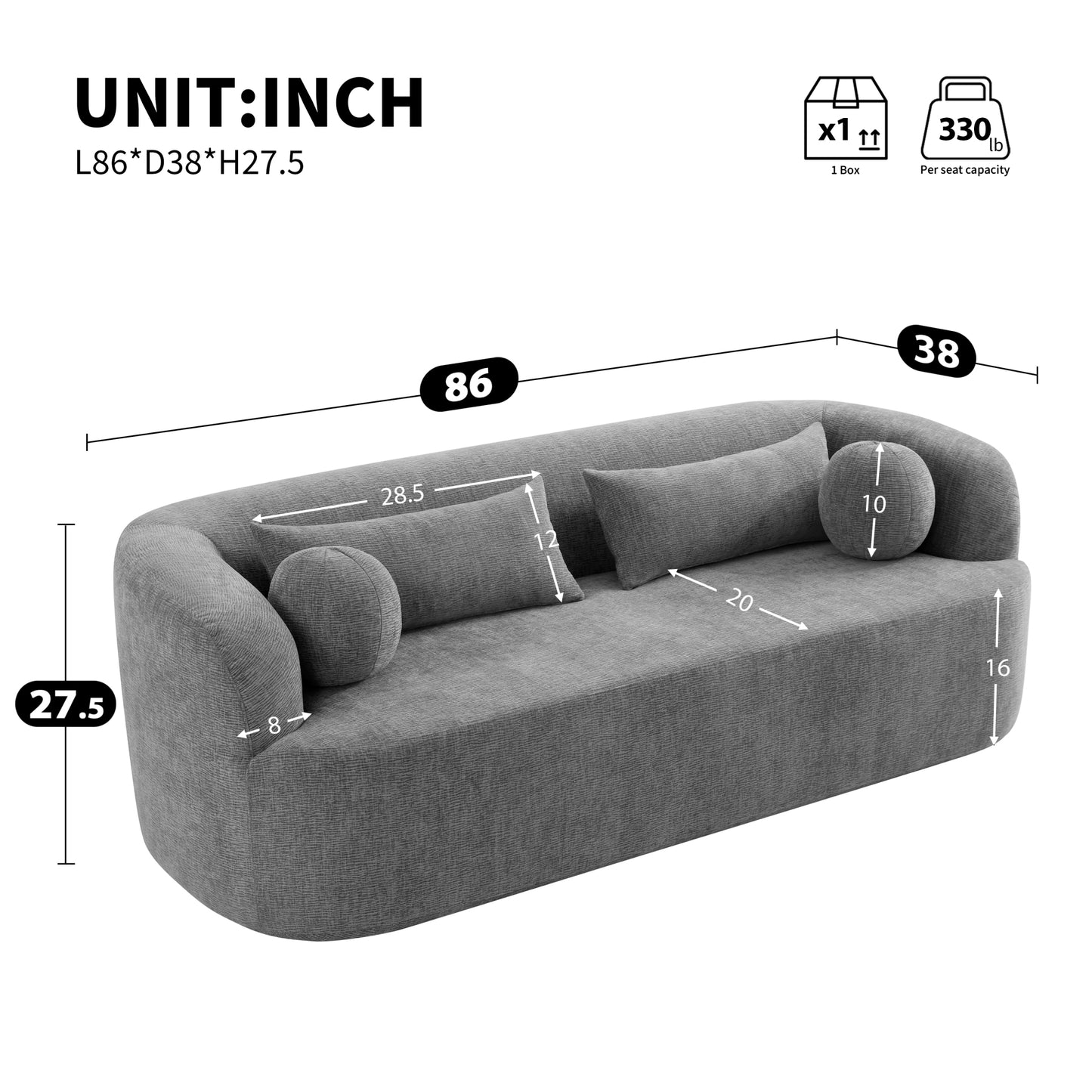 variant-group:rf-n723p404465e|Roomfitters 86 Inch Modern Curvy Sofa, 3-Seater Rounded Upholstered Couch with Plush Throw Pillows for Living Room, Gray