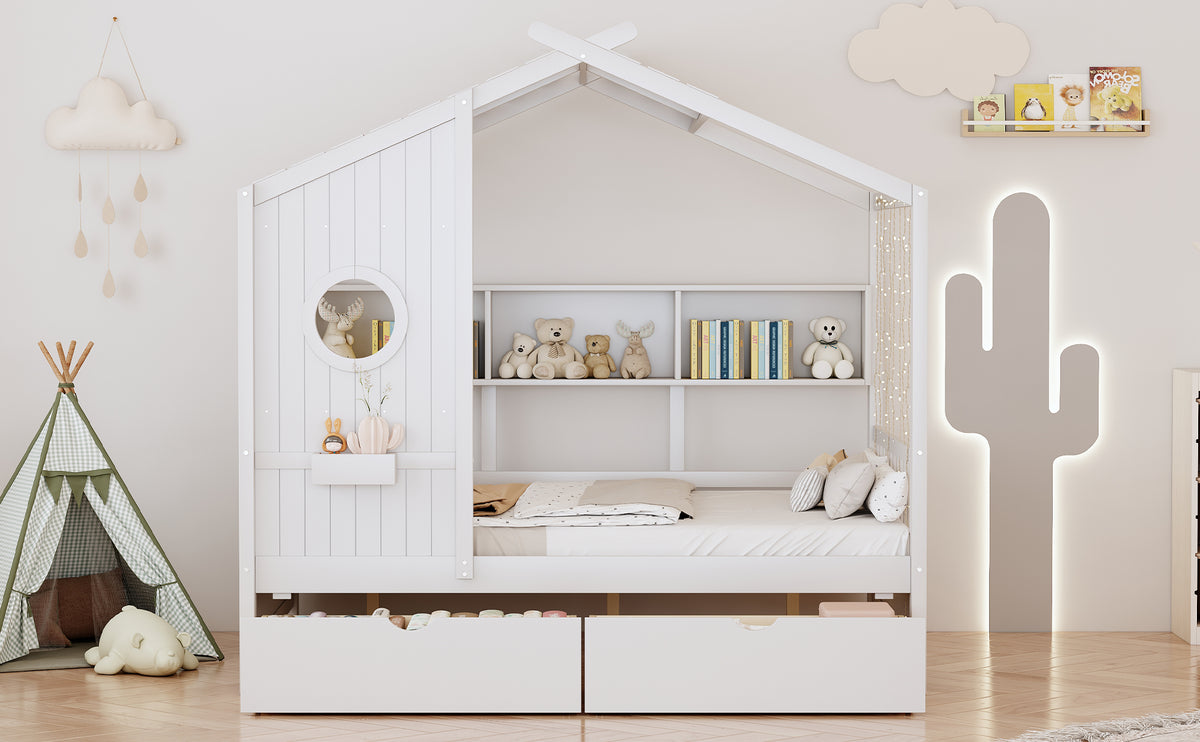 variant-group:rf-n733s308487k|Roomfitters Wooden Full Size House Bed with 2 Drawers and Storage Shelf, White