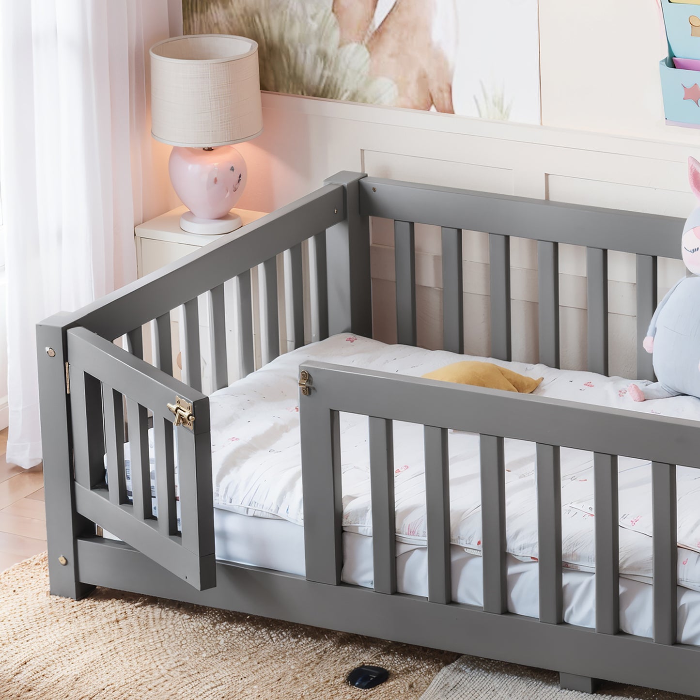 variant-group:rf-w1580p462312|Roomfitters Twin Size Wooden Floor Bed Frame with Safety Guardrails Door, Solid Wood Low Profile Toddler Play Bed, Gray