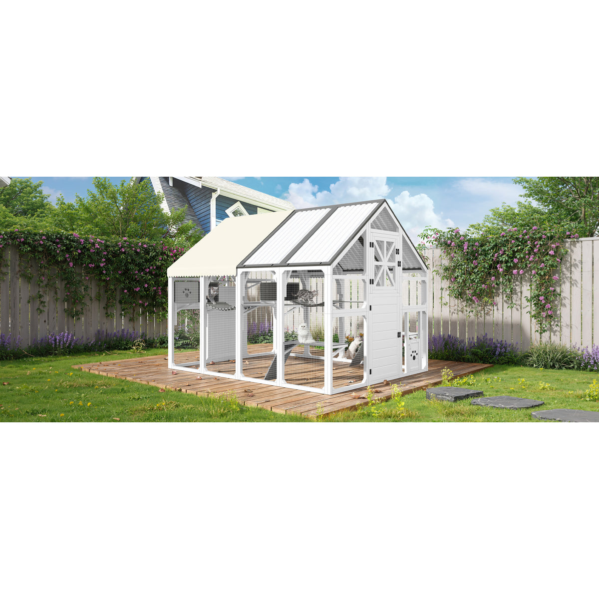 variant-group:rf-n704g201618k|Roomfitters Extra Large Outdoor Catio Cat Enclosure with Cooling PVC Roof and Insulated Boxes White & Gray
