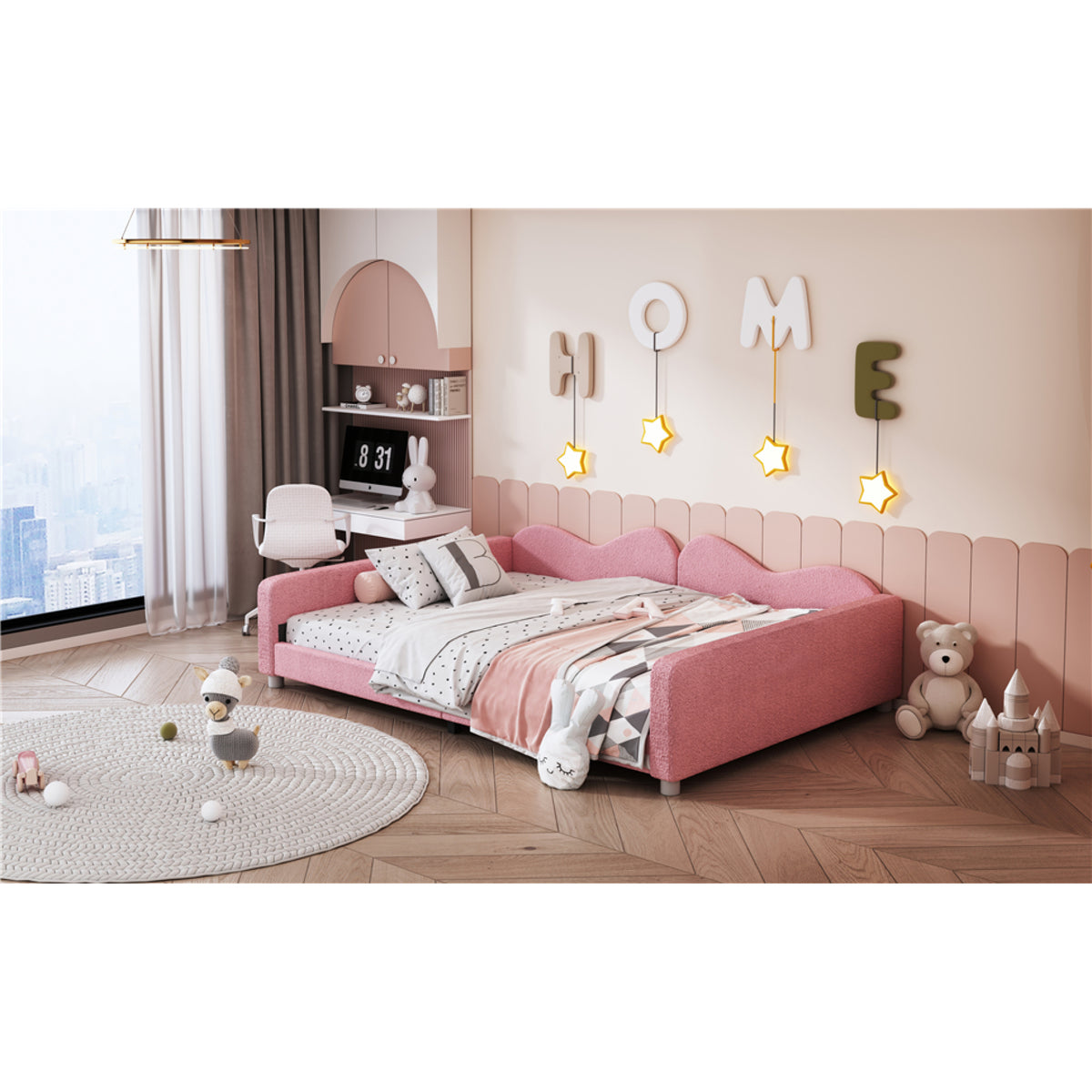 variant-group:rf-n733p234605h|Roomfitters Full Size Upholstered Daybed, Sherpa Fabric Sofa Bed with Cloud-Shaped Backrest, Sturdy and Stylish Design, No Box Spring Needed, Pink