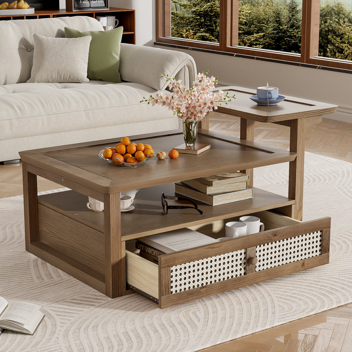 variant-group:rf-n724p232190d|Roomfitters Modern Coffee Table with Open Shelf, Dual Tabletops and Rattan Accent Storage, Walnut