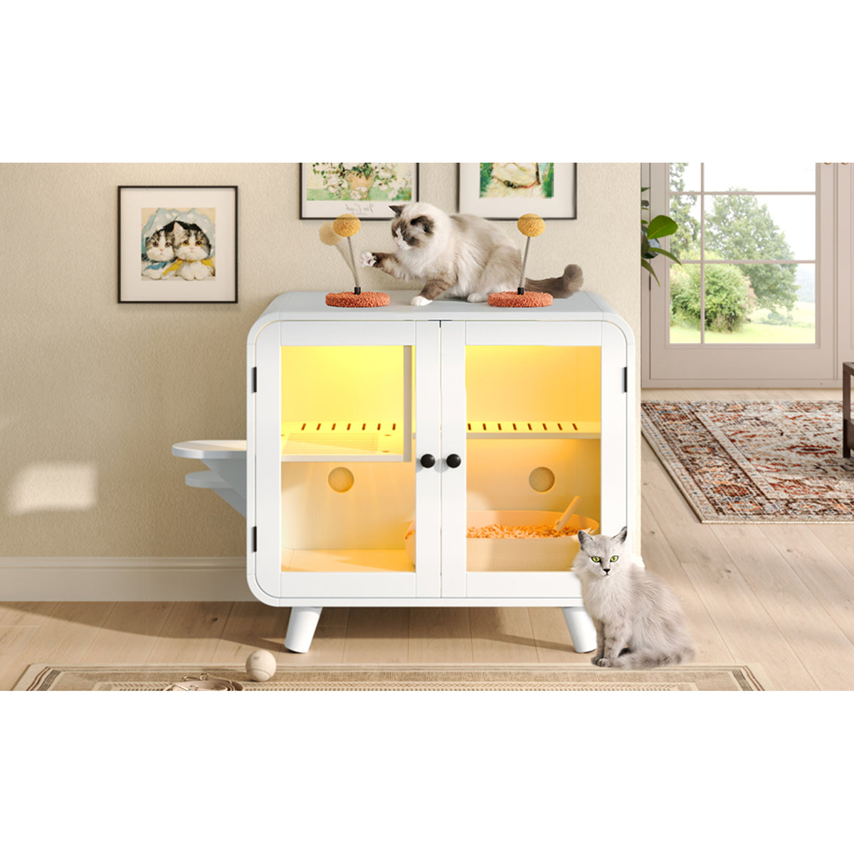 variant-group:rf-n704p419240k|Roomfitters Retro TV-Style Hidden Cat Litter Box Enclosure with App Controlled RGB LED Lights and Stairs White