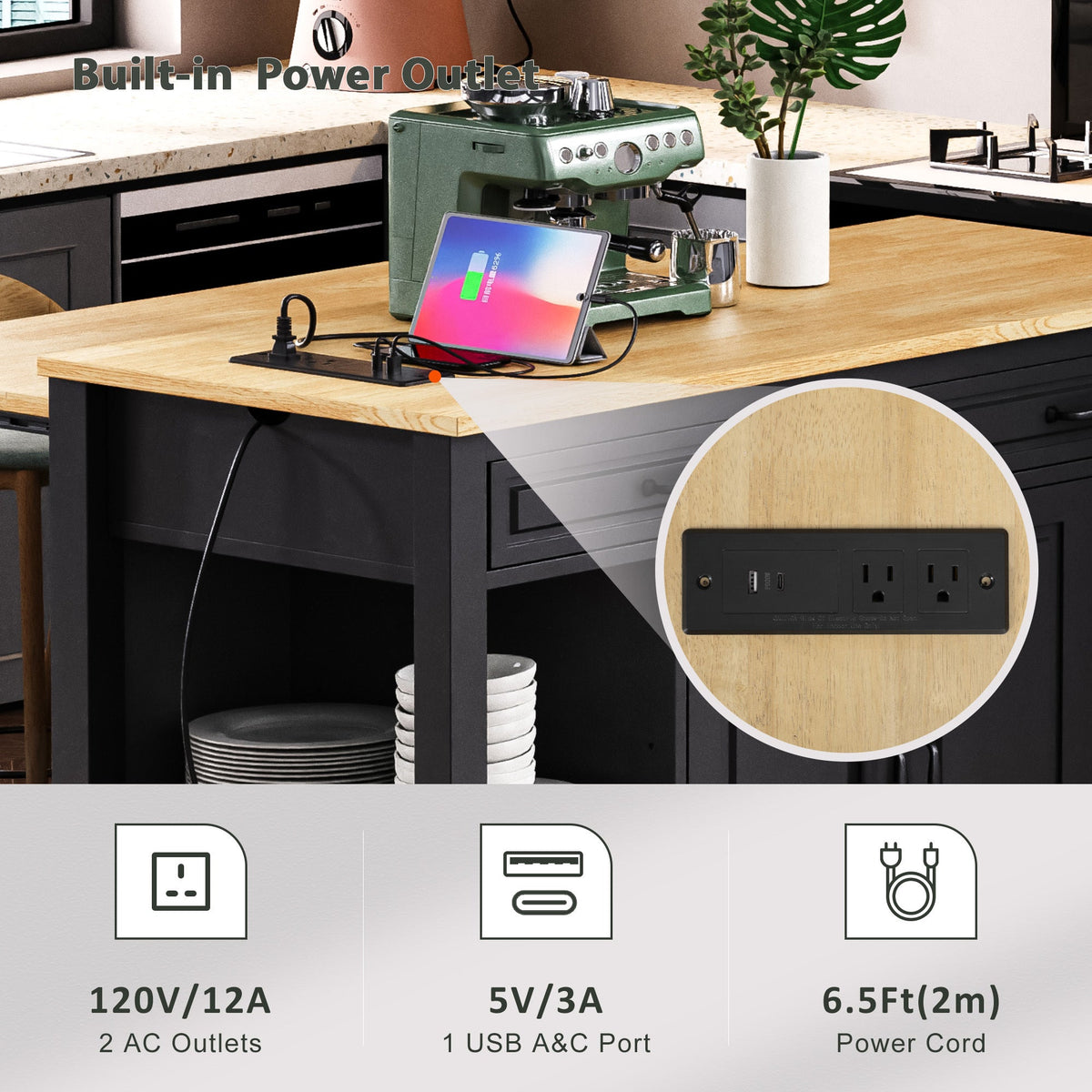 Roomfitters 47" Kitchen Island with Slide-Out Dining Table, Mobile Cart with Built-in Outlets, Internal Racks, Black