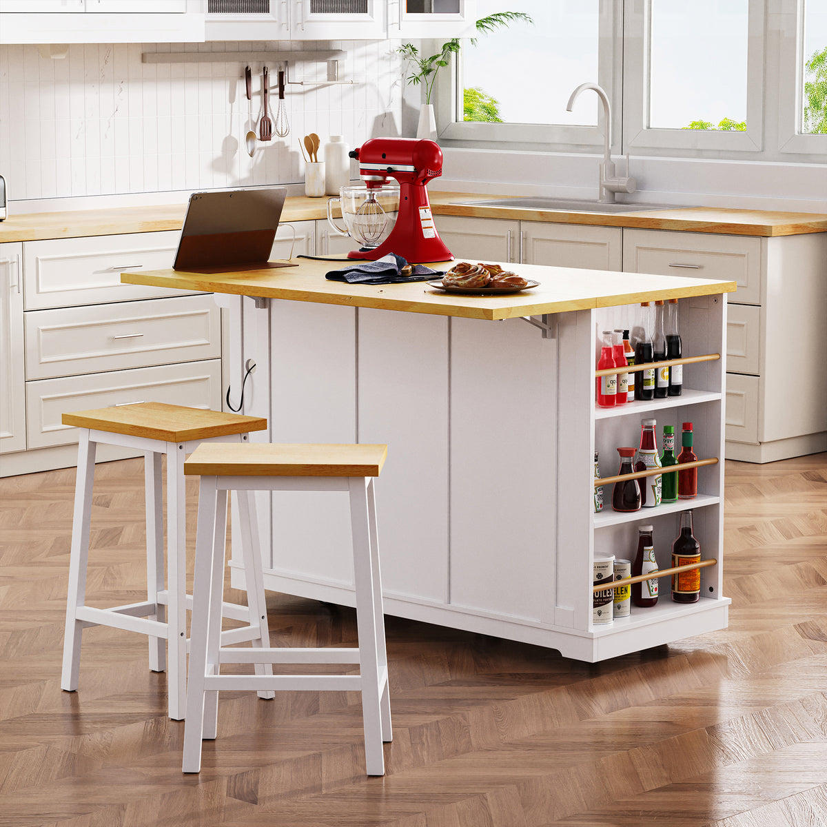 variant-group:rf-n707s003007w|Roomfitters 53" Kitchen Island with 2 Bar Stools, Drop Leaf, Power Outlet, Rolling Kitchen Cart Set with Storage, White
