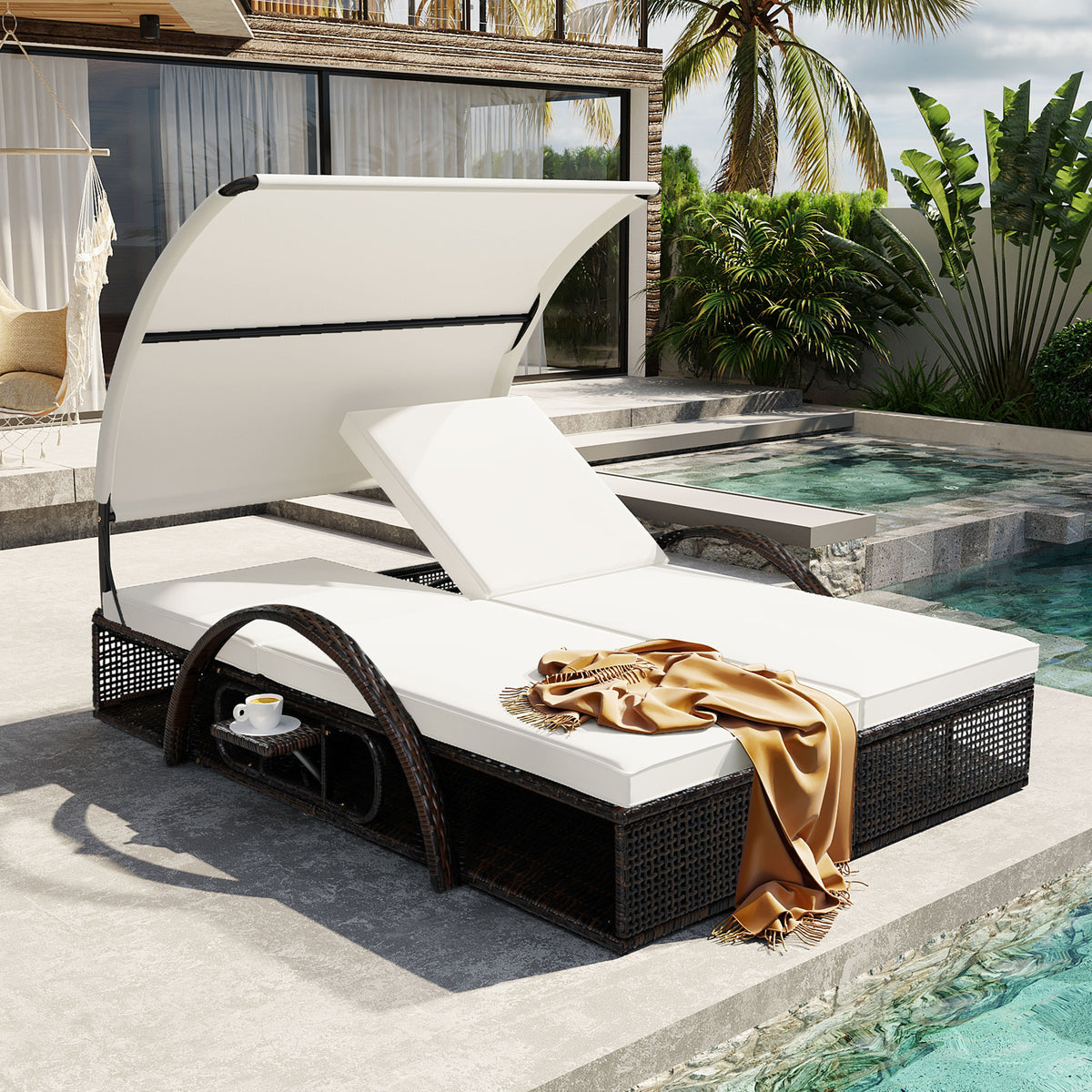 variant-group:rf-n711wy000485aaa|Roomfitters Beige HDPE Wicker Outdoor Double Sunbed, Steel Frame Patio Chaise, Hidden Side Tables, Canopy Shade