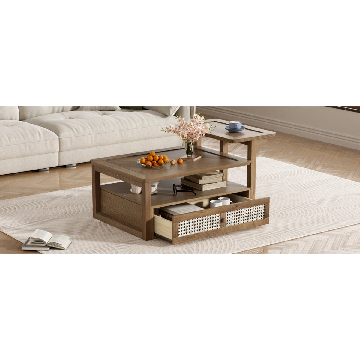 variant-group:rf-n724p232190d|Roomfitters Modern Coffee Table with Open Shelf, Dual Tabletops and Rattan Accent Storage, Walnut