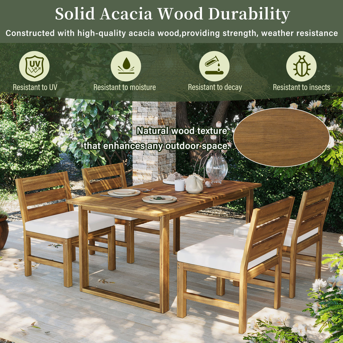variant-group:rf-n711wy000497aaa|Roomfitters Farmhouse 5-Piece Outdoor Dining Set for 4, Acacia Wood Table and Chair Pack, Beige and Natural Slatted
