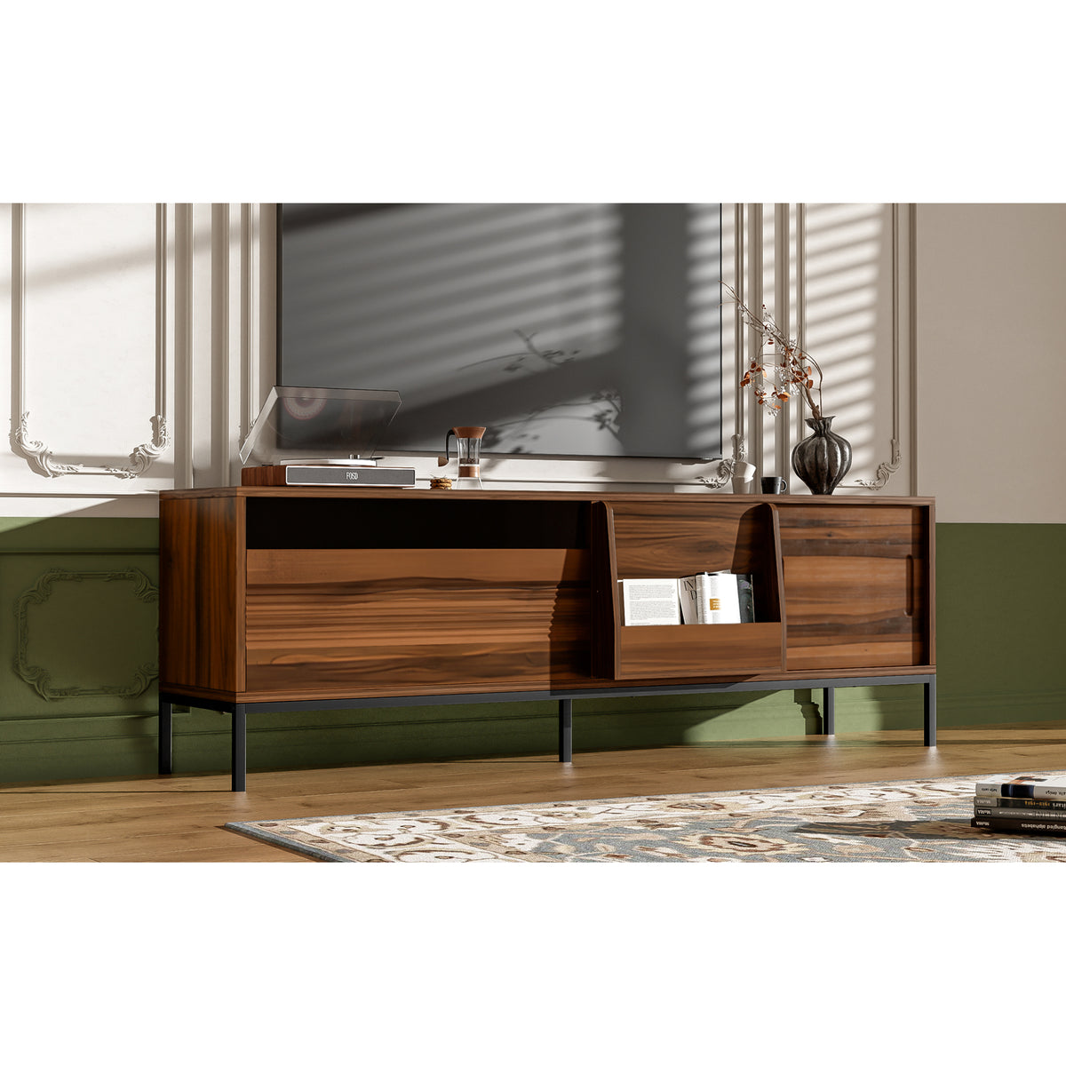 variant-group:rf-n724p360370d|Roomfitters Mid-Century Modern 70" TV Stand Console with Sliding Doors, Brown