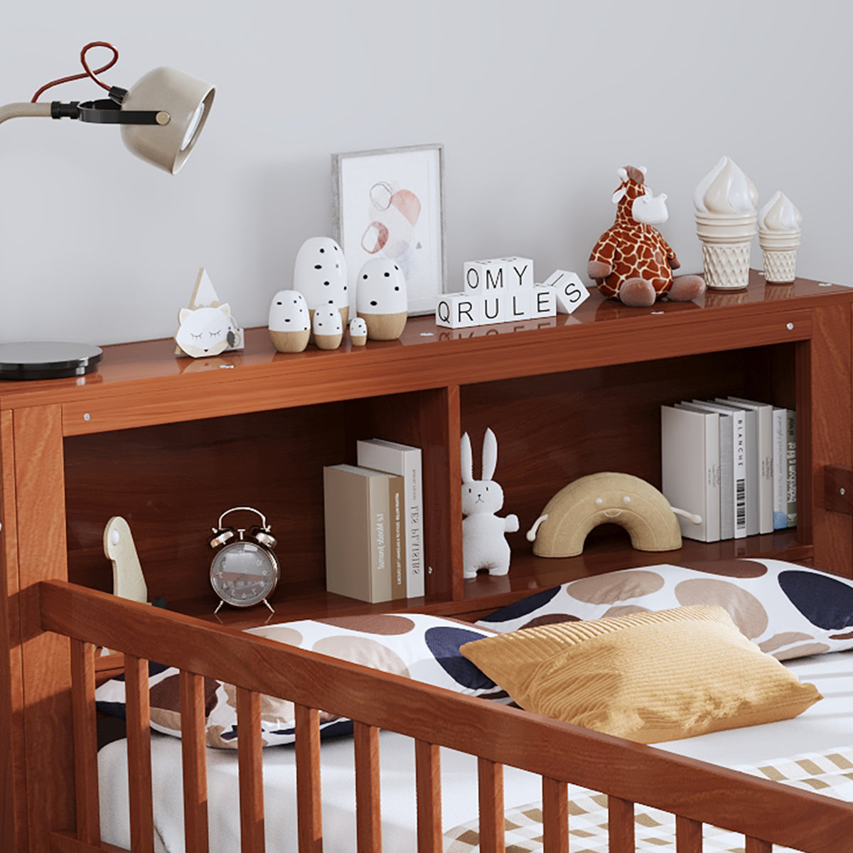 variant-group:rf-n733p272374d|Roomfitters Twin Bed with Headboard Storage Rack, Under-Bed Storage and Three-Side Guardrails, Walnut