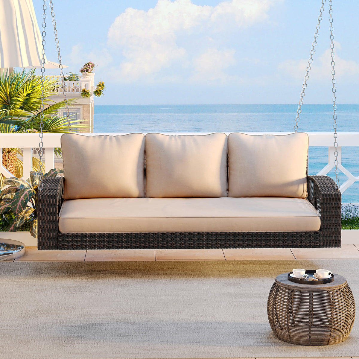Roomfitters 69" PE Wicker 3-Person Porch Swing, Large Patio Swing Bench with Chains & Cushions, Backyard & Garden, Brown Roomfitters
