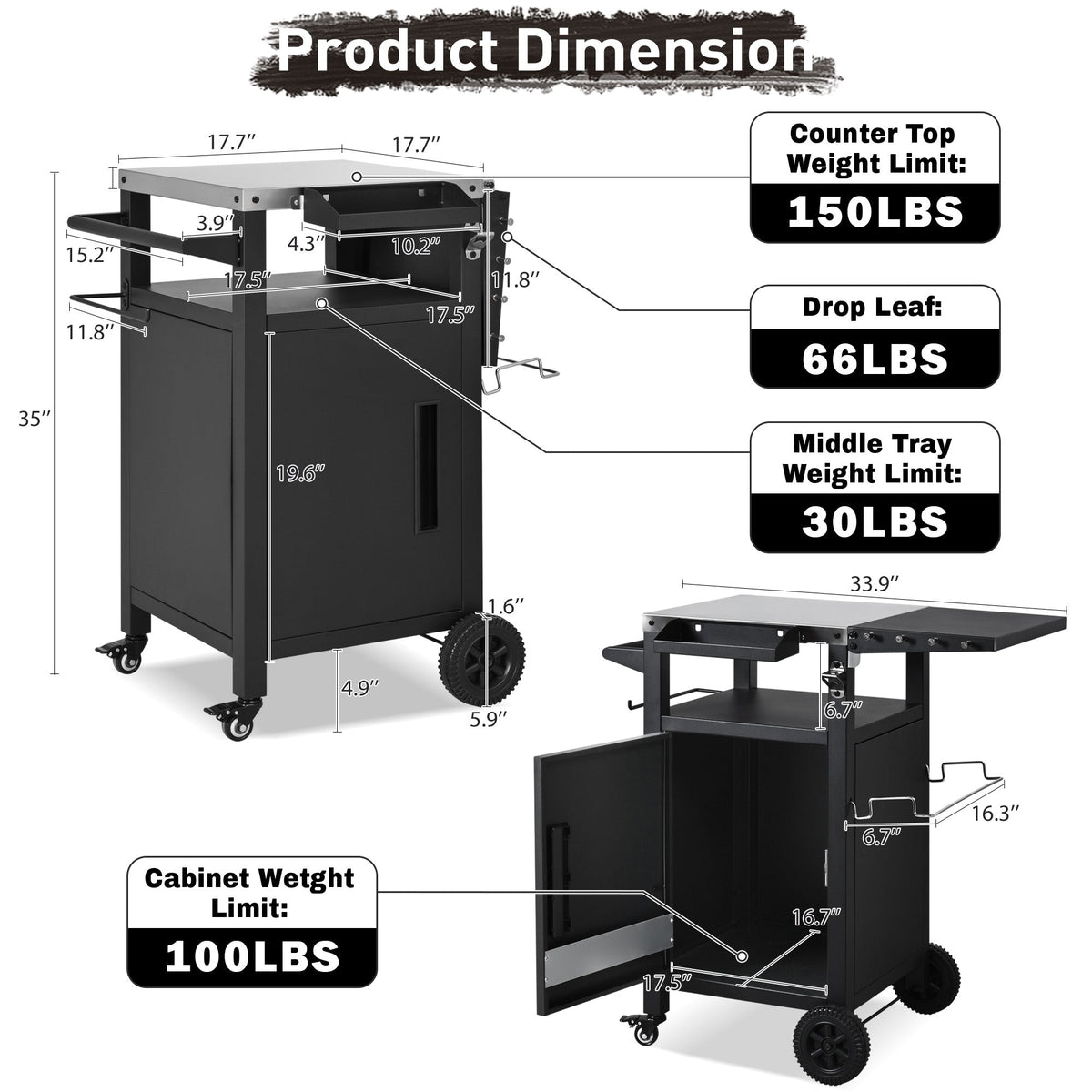 Roomfitters 33.9" Grill Cart with Stainless Steel Top, BBQ Prep Station with Spice Rack and Hamper Bag, Rolling Cart, Black