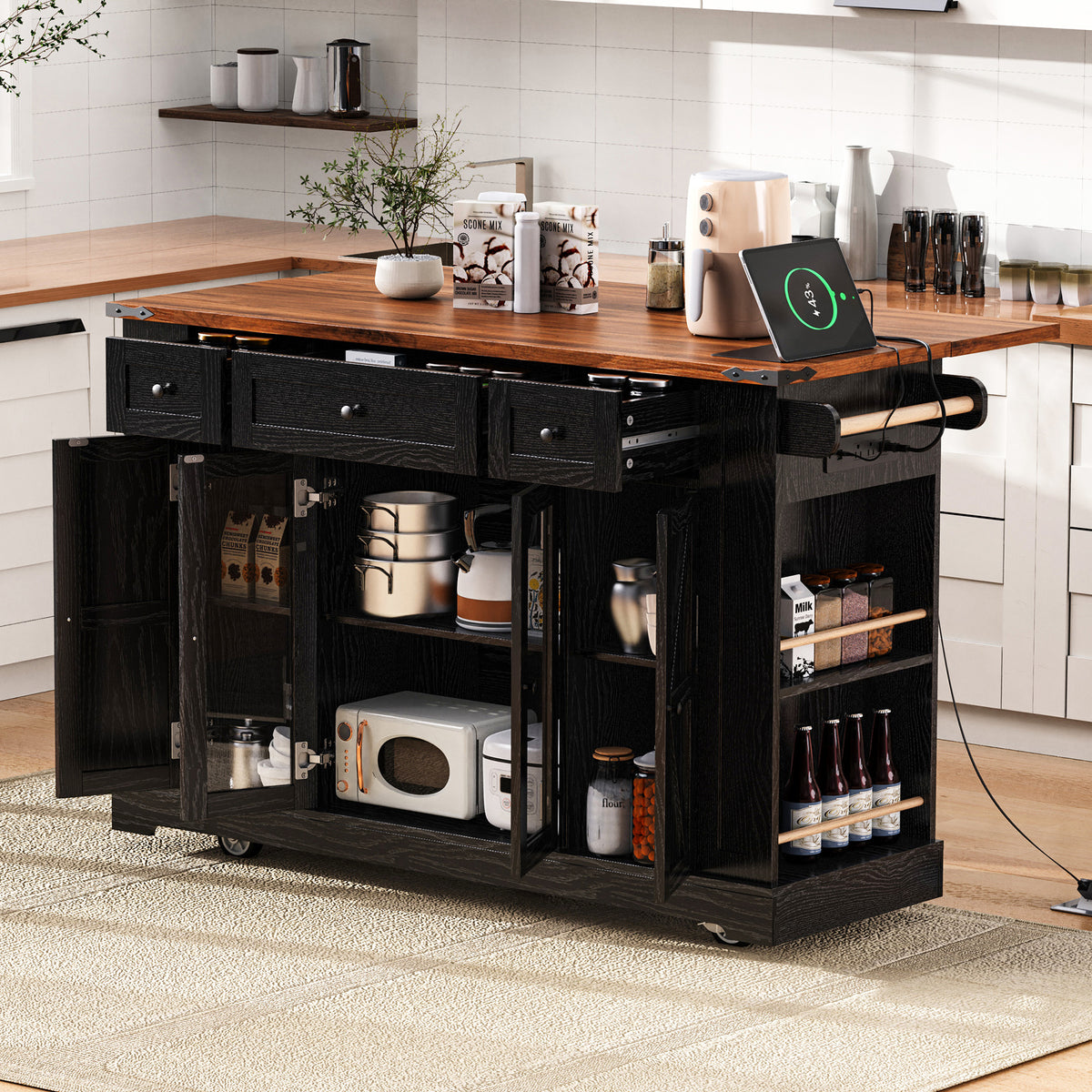 variant-group:rf-n707p263637b|Roomfitters 53" Rolling Kitchen Island with Drop Leaf, Mobile Cart with Glass Doors, 5 Side Shelves & Power Outlets, Black