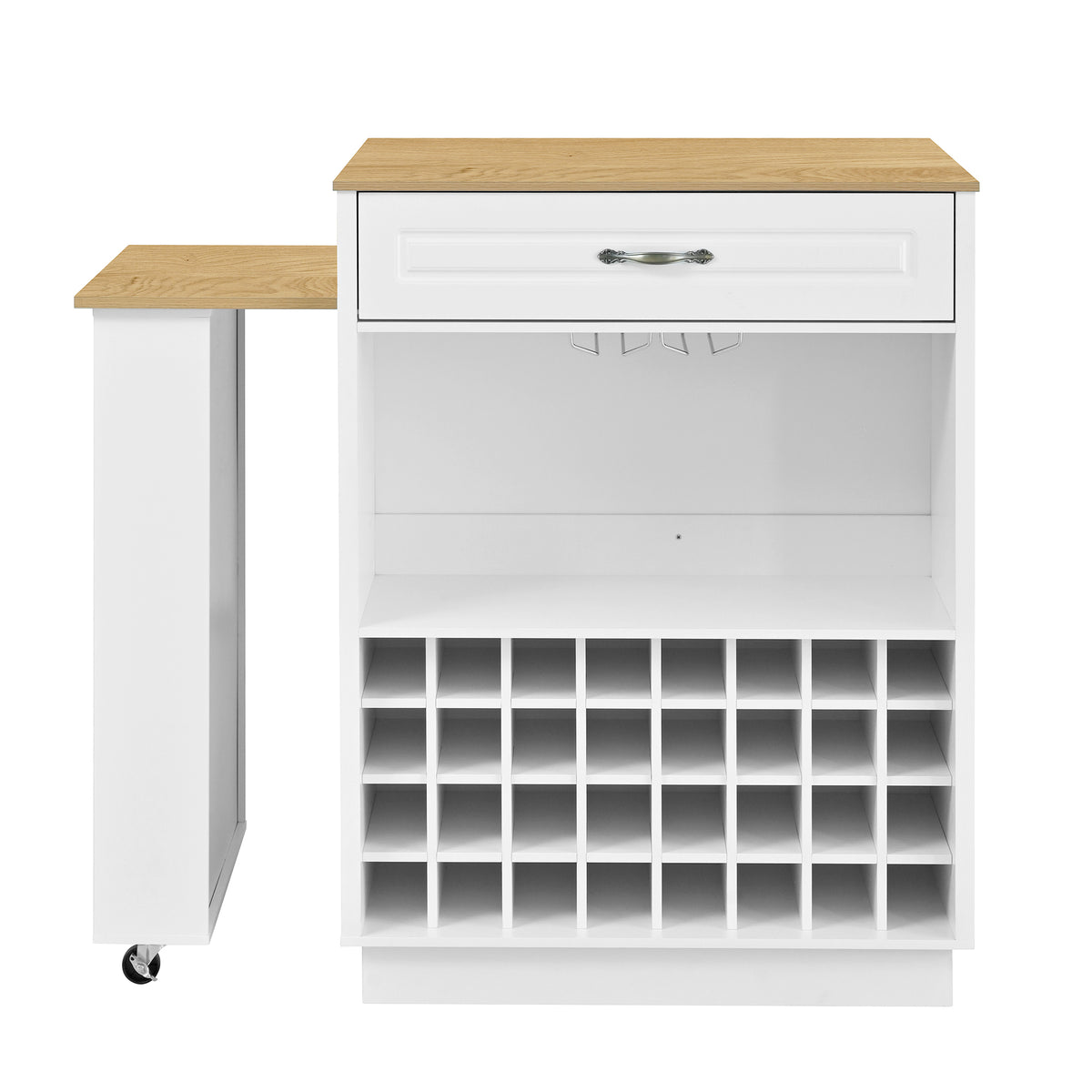 variant-group:rf-n711wy000493aak|Roomfitters White and Natural Wood MDF Extendable Bar Cabinet, Rolling Kitchen Island Table, Wine Rack Storage
