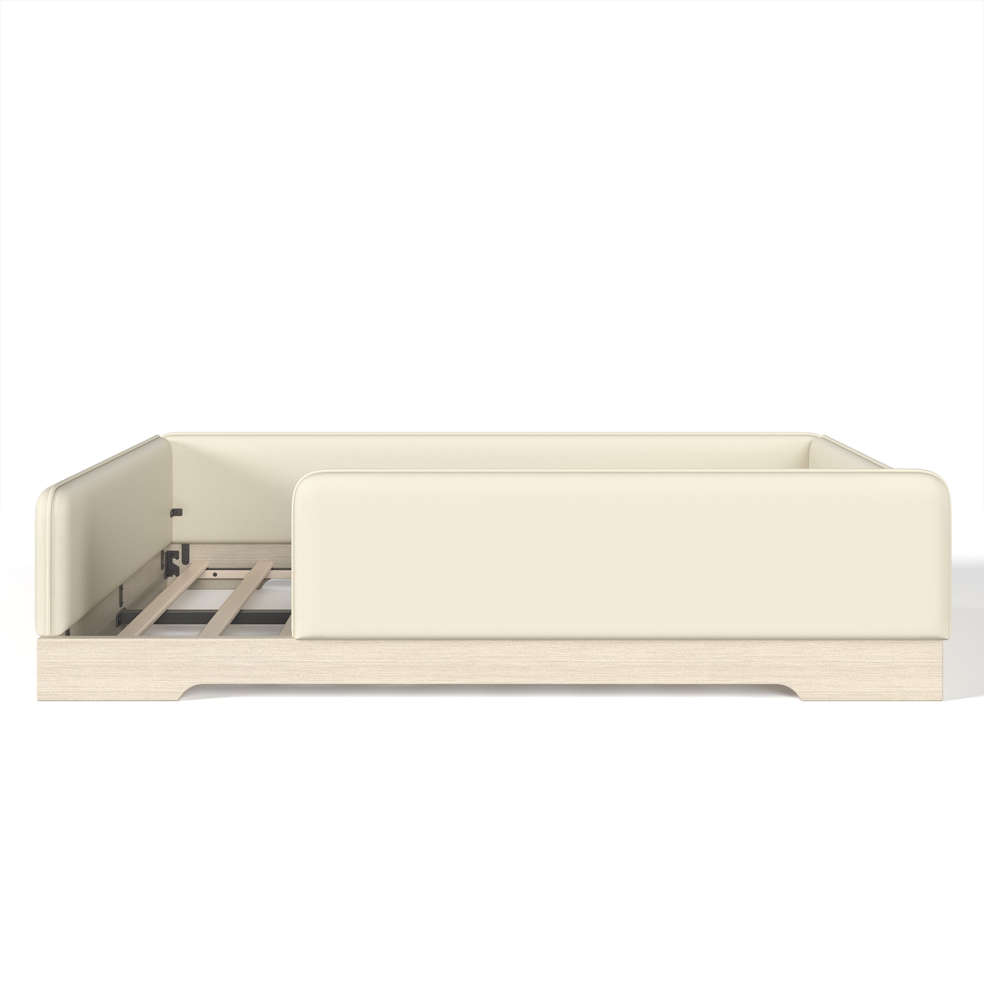 variant-group:rf-w1580s00673|Roomfitters Queen Size Upholstered Floor Bed Frame with Removable Guardrails, Faux Leather Low Profile Platform, Beige