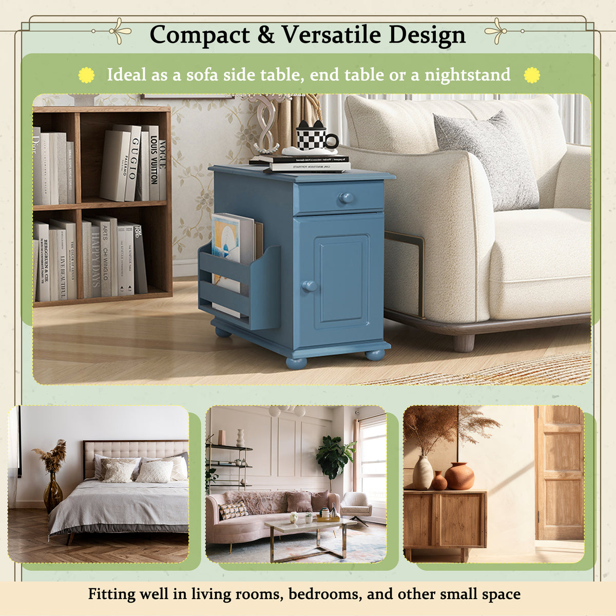 variant-group:rf-n724p293133m|Roomfitters Vintage Sofa Side Table with USB Ports, Flip Top, Cup Holders and Bookshelf Storage for Small Spaces, Navy Blue