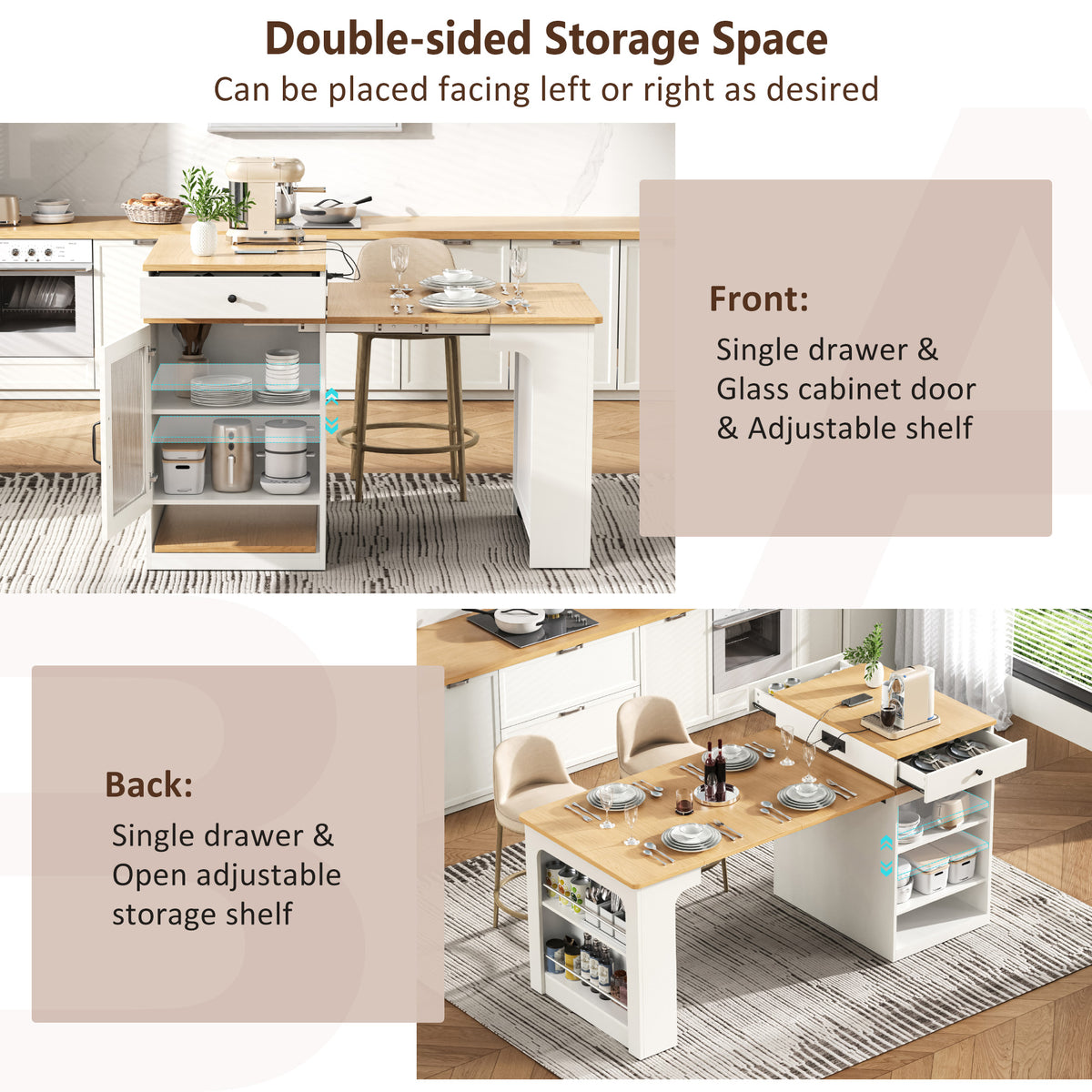 variant-group:rf-n707s000017w|Roomfitters 59.5" Kitchen Island with 41.8" Extendable Dining Table, Double-Sided Storage, Power Outlet, 2 Drawers, White