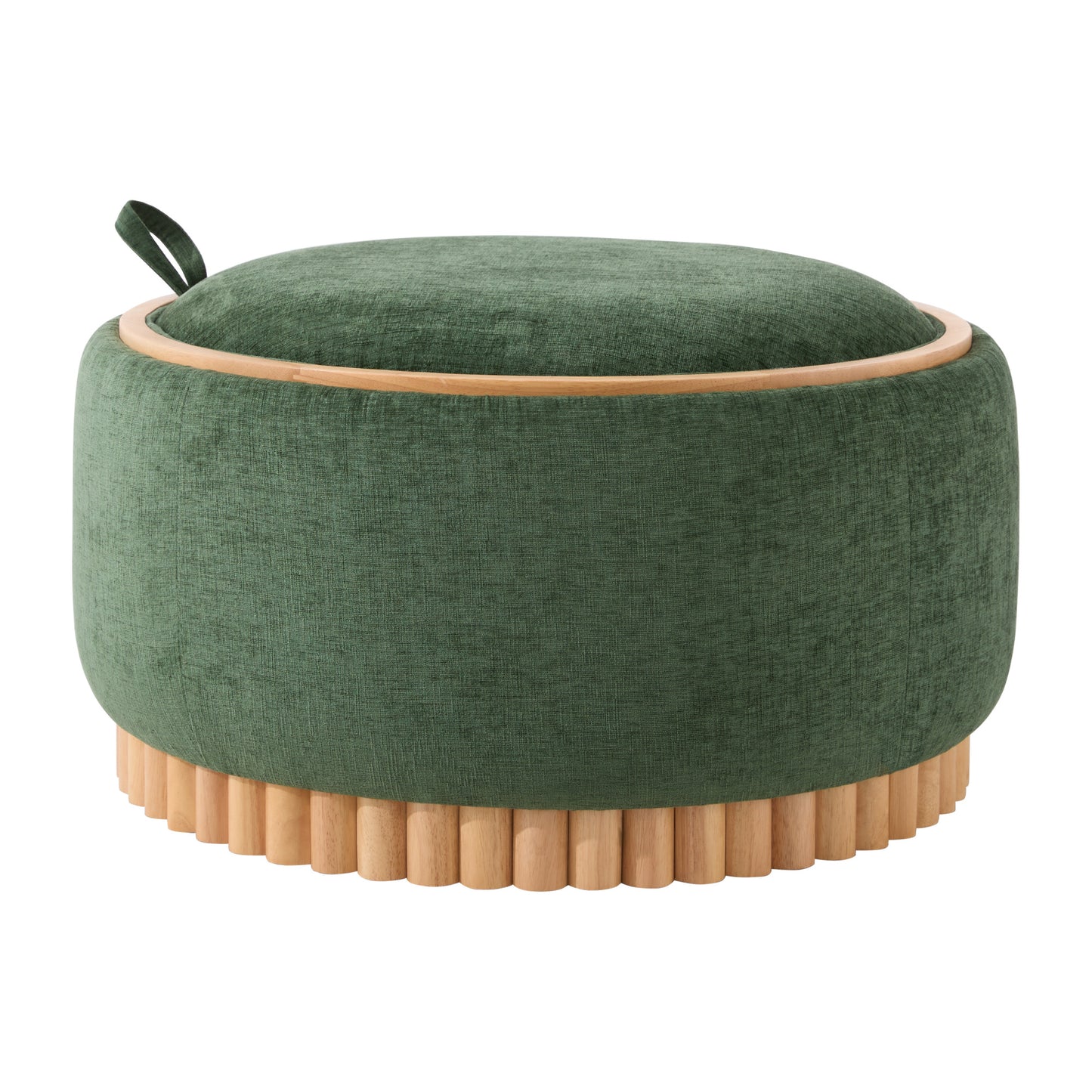 variant-group:rf-n723p405304g|Roomfitters 29 Inch Round Storage Ottoman with Reversible Wooden Tray Top, Upholstered Coffee Table for Living Room, Green