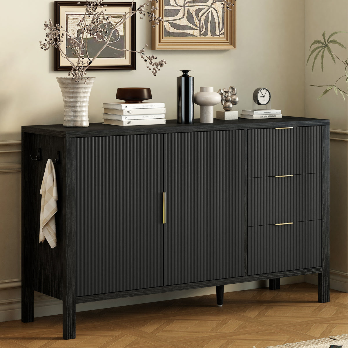 variant-group:rf-n711p345172b|Roomfitters Sideboard Buffet Cabinet with 3 Drawers, 2 Door Mid-century Fluted Accent Storage for Kitchen & Dining, Black