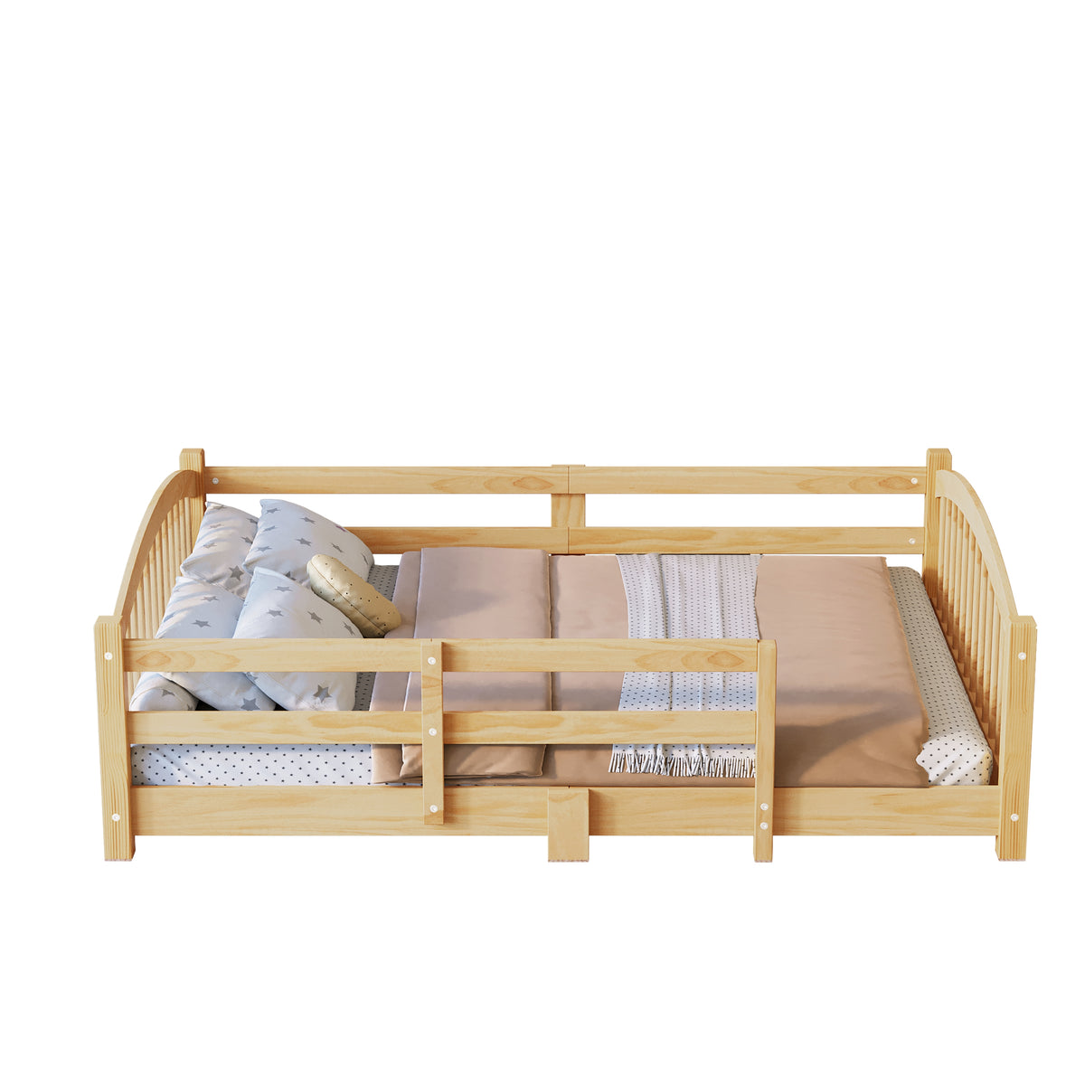 variant-group:rf-n733p400299n|Roomfitters Full Montessori Floor Bed with Guardrails, Solid Wood Low Platform Bed with Slats, Easy Assembly, Natural