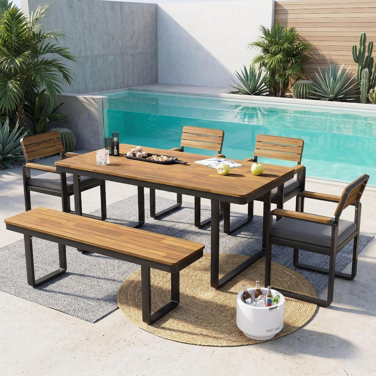 variant-group:rf-n704g201255e|Roomfitters 6-Piece Solid Acacia Wood Patio Dining Set with Steel Frames and Cushion Chairs Gray