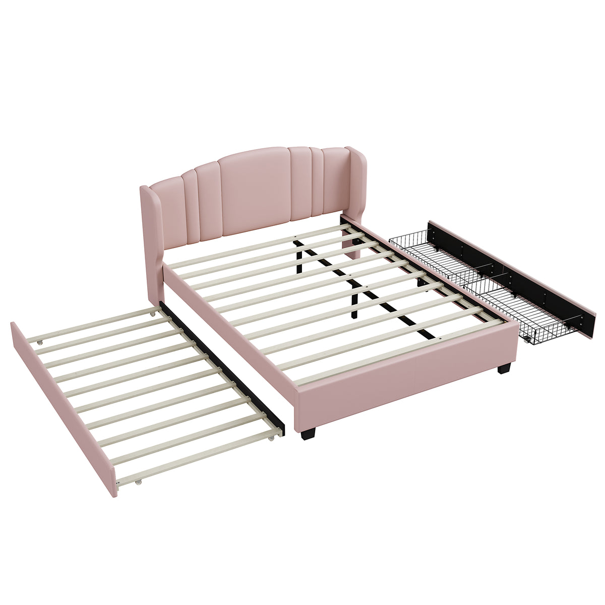 variant-group:rf-n733s208132h|Roomfitters Twin Size Trundle Upholstered Platform Bed with Wingback Headboard and 2 Drawers, No Box Spring Needed, Linen Fabric, Queen Size, Pink