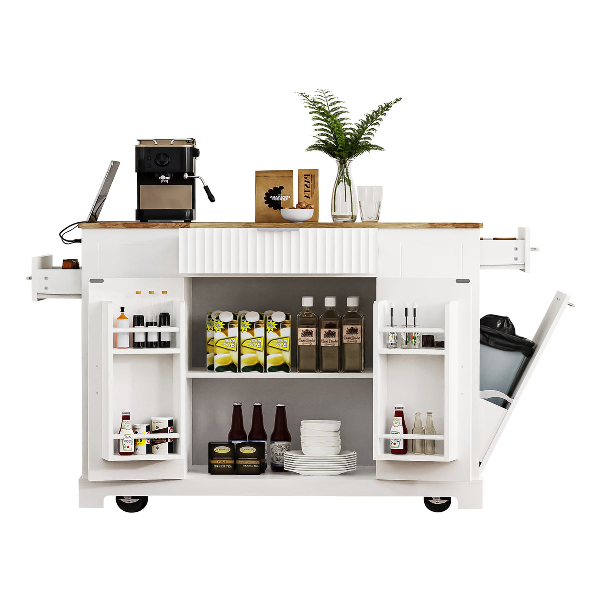 variant-group:rf-n707s221571w|Roomfitters Kitchen Island with Tilt Out Trash Can and Power Outlet, Fluted Storage Cabinet on Wheels, White