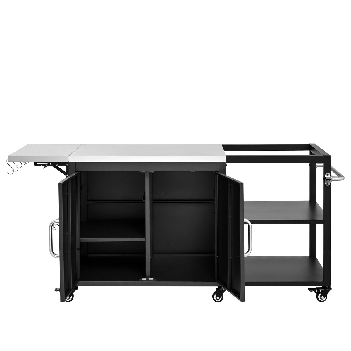 Roomfitters 76.6" Grill Cart with Stainless Steel Top and Kamado Nest, Folding Drop Leaf Prep Station, Mobile Cabinet, Black