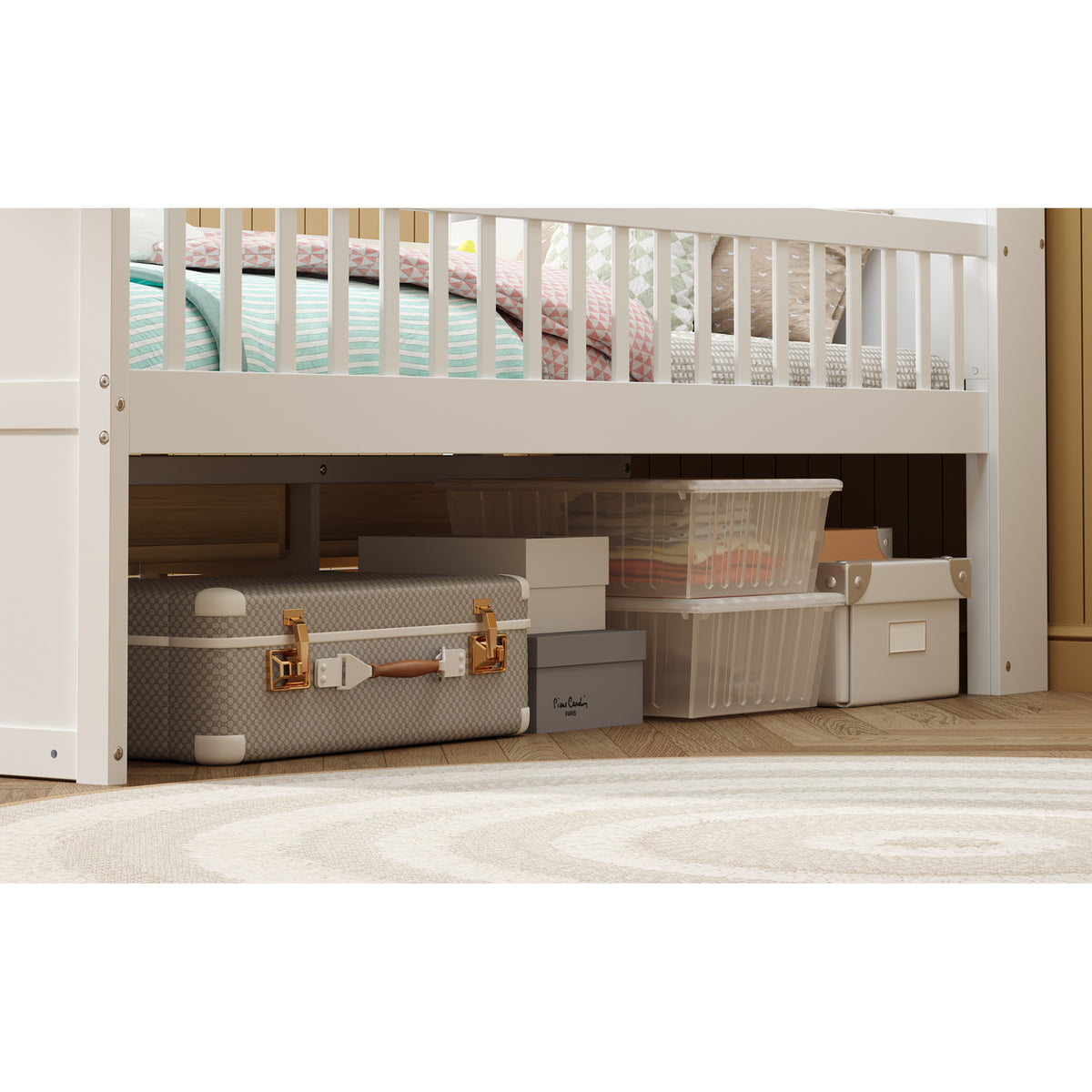 variant-group:rf-n733s278032k|Roomfitters Twin Platform Bed Frame with Four Drawers, Wooden Kids Bed with Guardrail Headboard and Ladder, White