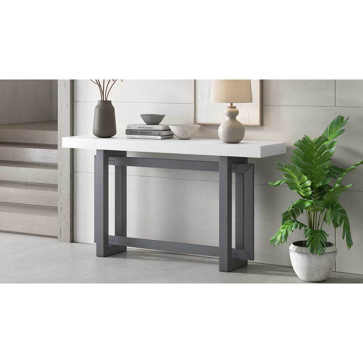 variant-group:rf-n711p410422m|Roomfitters Contemporary Dark Grey and White Pine Veneer Extra Long Console Table with Unique Triple Rectangle Solid Wood Legs