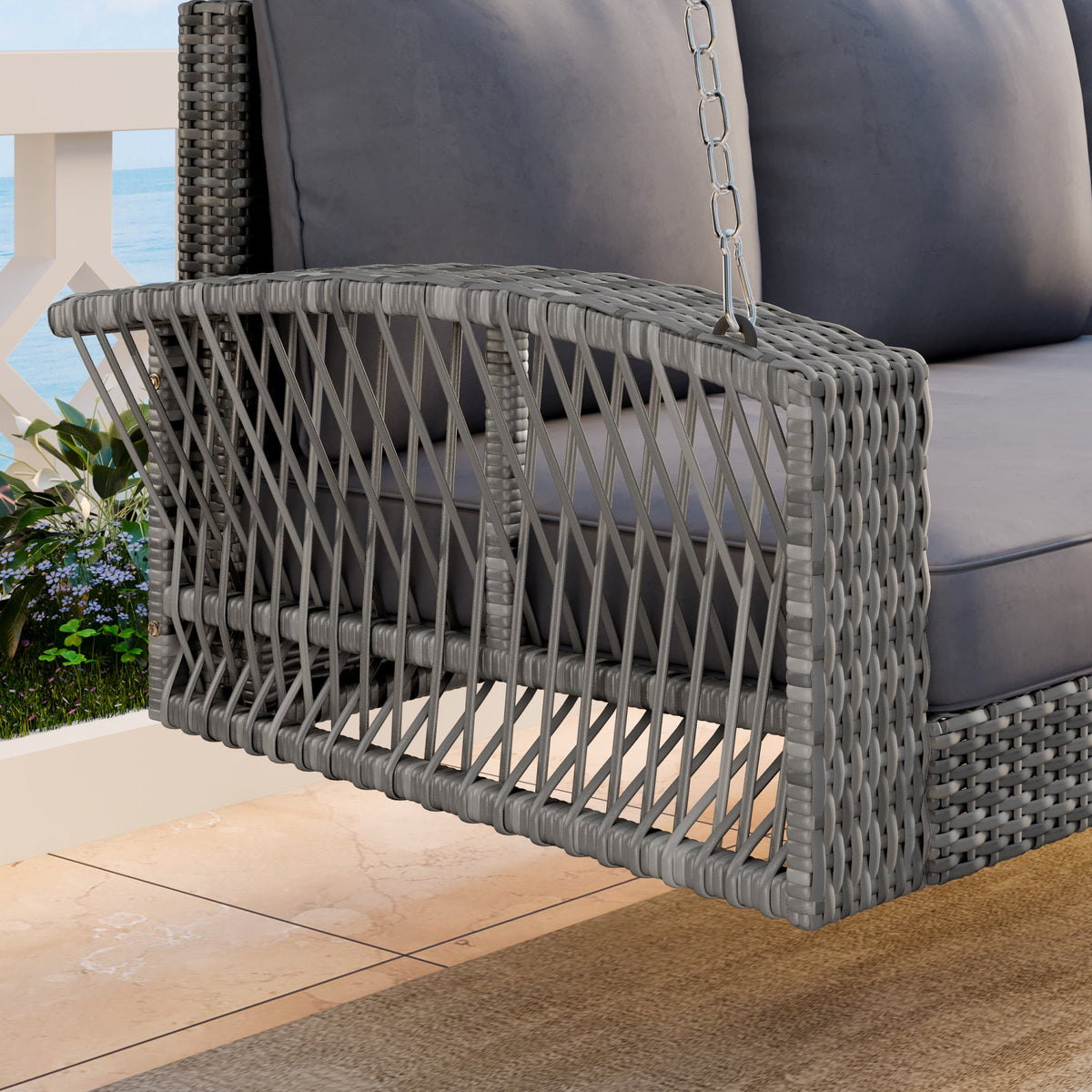 Roomfitters 69" PE Wicker 3-Person Porch Swing, Large Patio Swing Bench with Chains & Cushions, Backyard & Garden, Gray Roomfitters