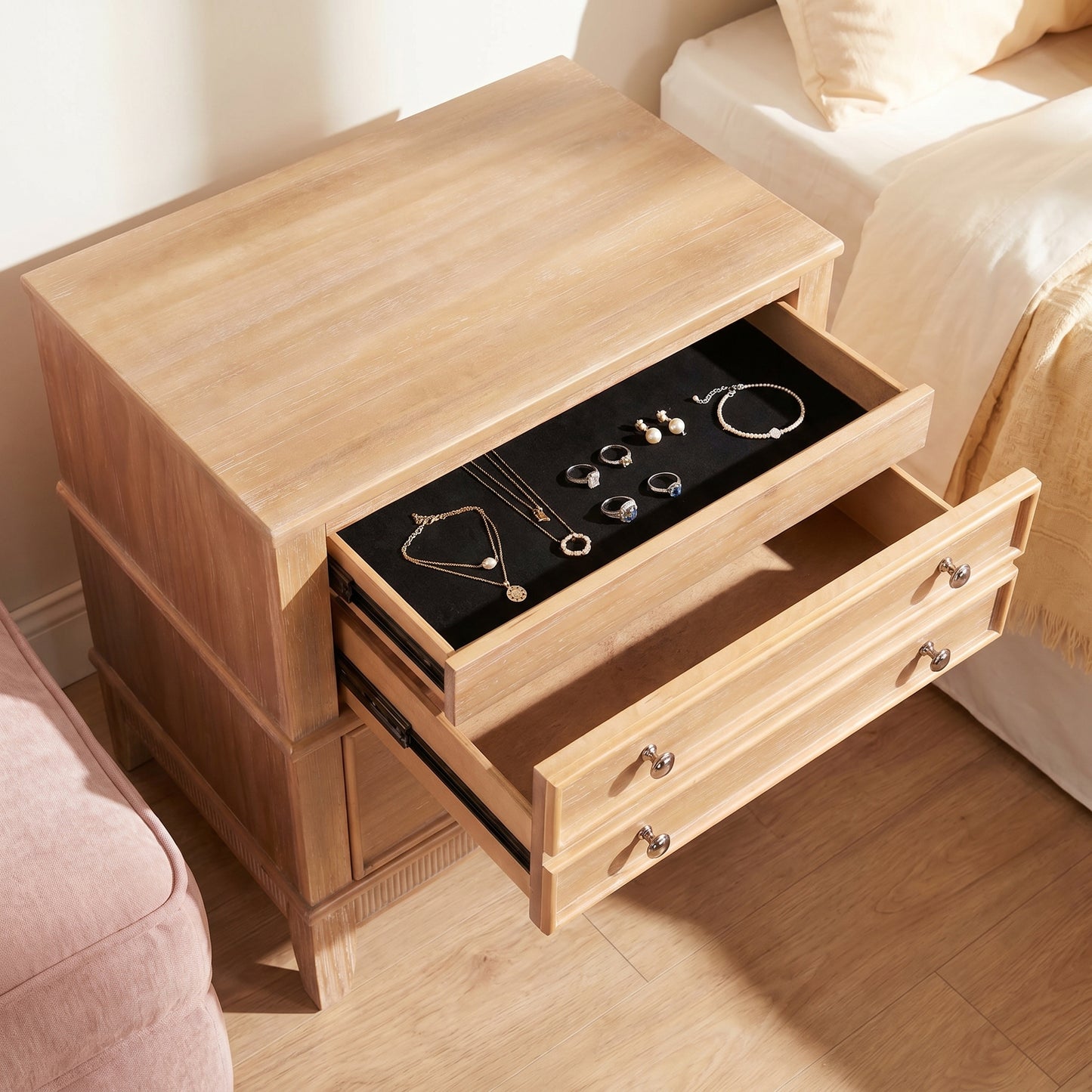 variant-group:rf-n701p183796d|Roomfitters 3 Drawer Farmhouse Wood Nightstand Side Table, Fully Assembled Bedside Accent Furniture, Felt Lined, Hazel