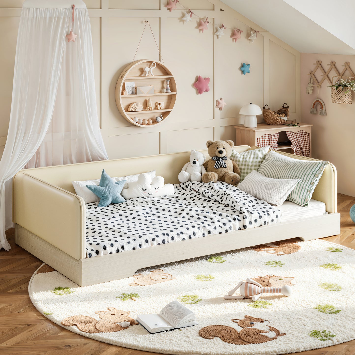 variant-group:rf-w1580p493129|Roomfitters Twin Size Upholstered Floor Bed Frame with Removable Guardrails, Faux Leather Low Profile Platform, Beige