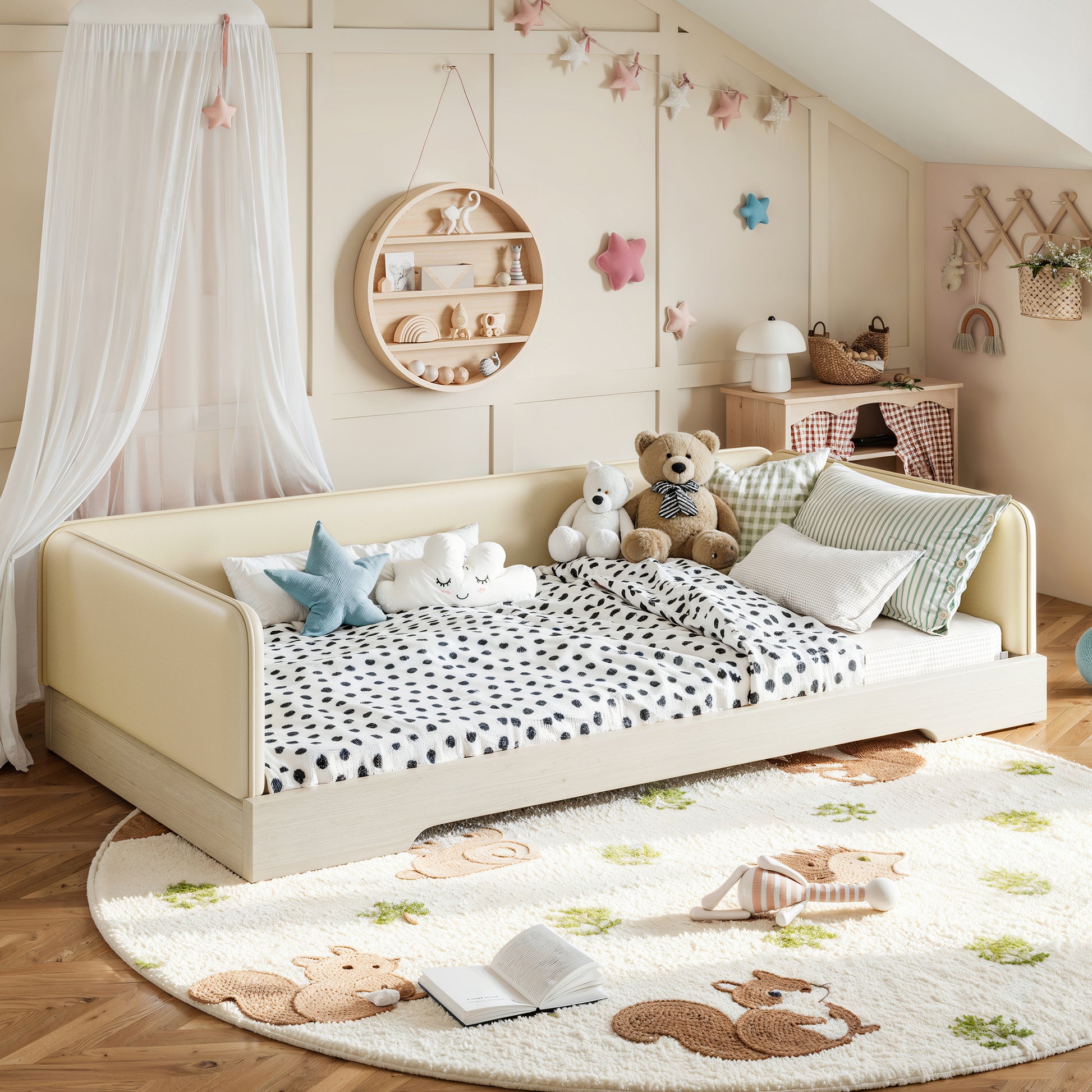variant-group:rf-w1580p493129|Roomfitters Twin Size Upholstered Floor Bed Frame with Removable Guardrails, Faux Leather Low Profile Platform, Beige