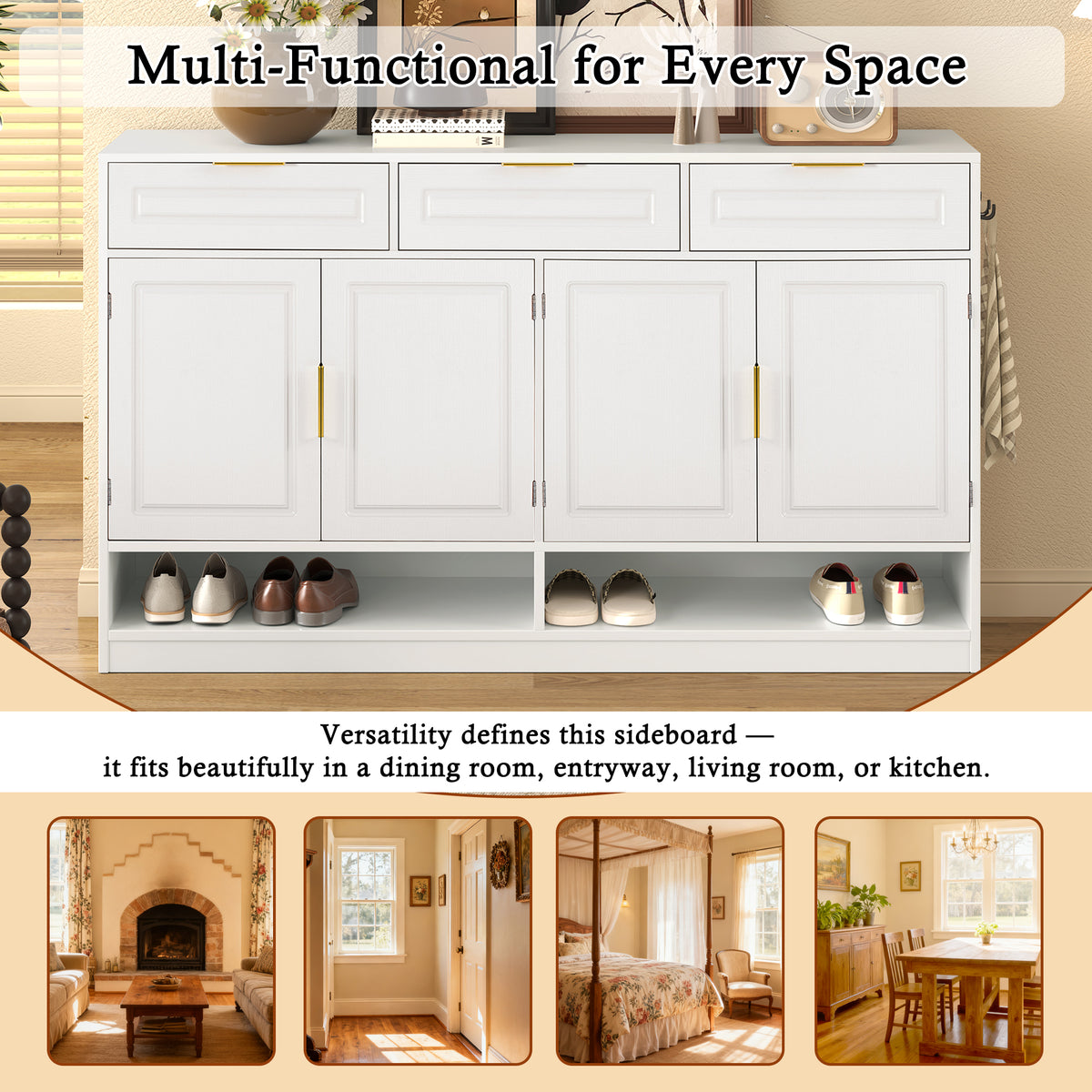 variant-group:rf-n711p345213k|Roomfitters 59.1" Farmhouse Sideboard Buffet Cabinet with 3 Drawers and 4 Doors, Kitchen Storage with Open Shelf, White