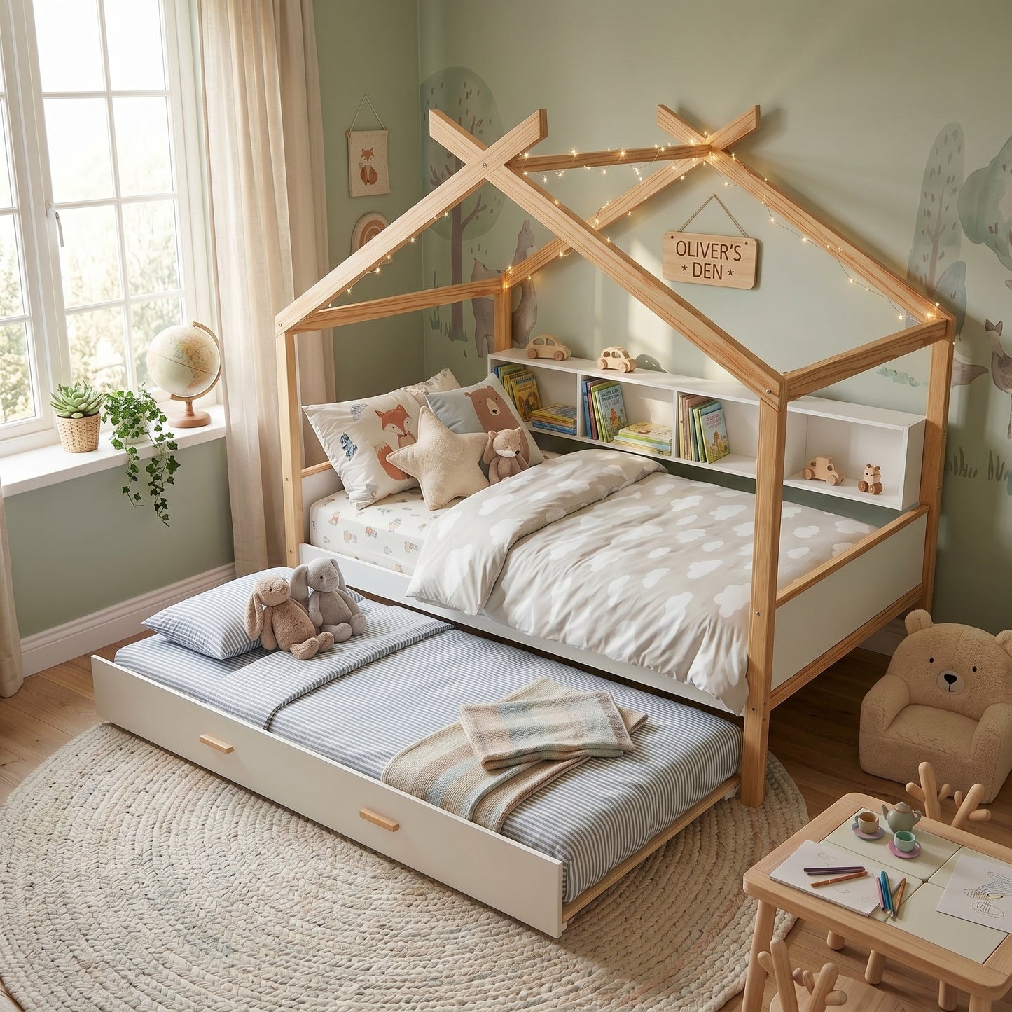 Roomfitters Twin Size Wooden House Bed Frame with Twin Trundle, Bookshelf Storage Furniture, No Box Spring, White Natural Roomfitters