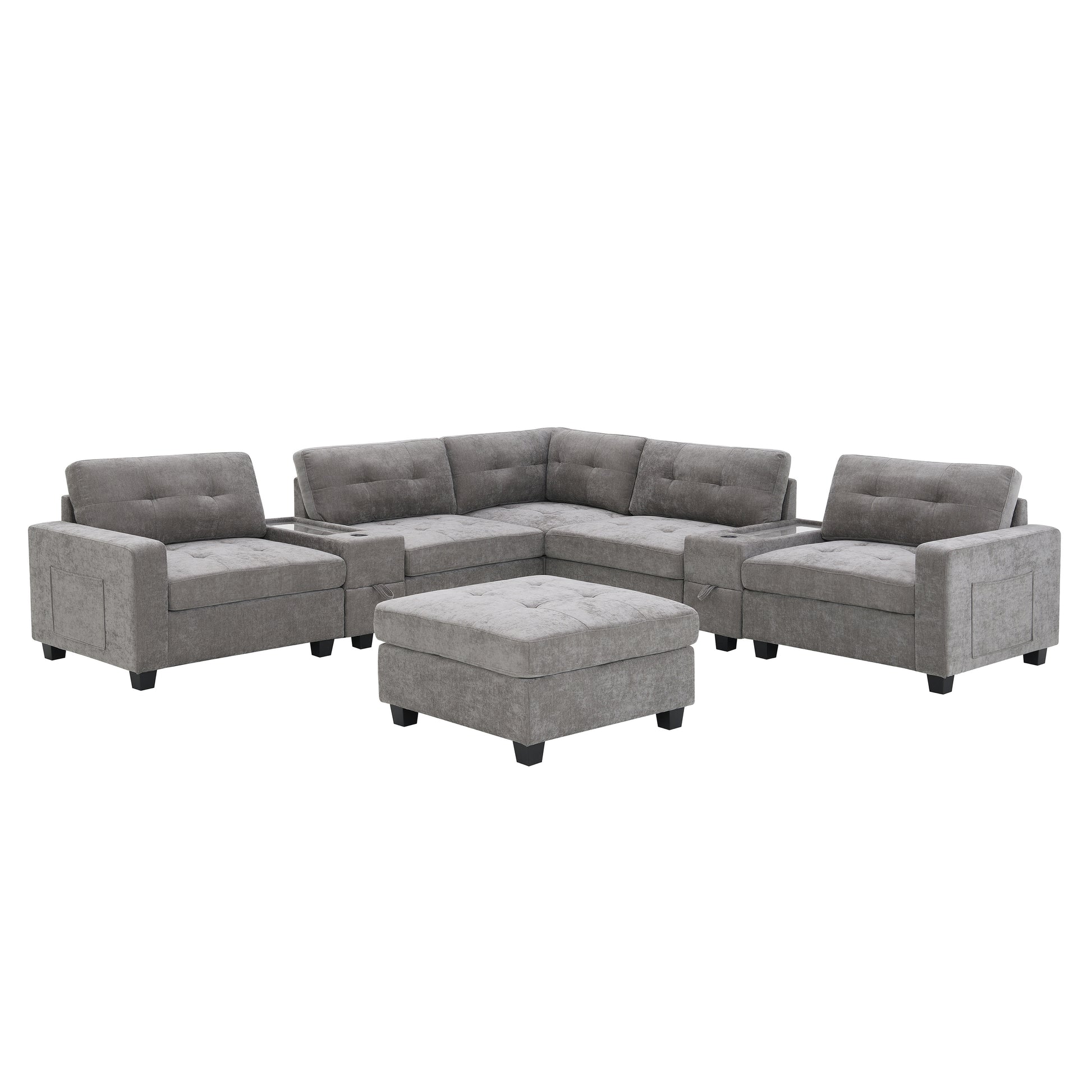 variant-group:rf-n723s1191e|Roomfitters 104 Inch Modular Sectional Sofa with Console and Cup Holders, Upholstered L-Shape Couch for Home Decor, Gray