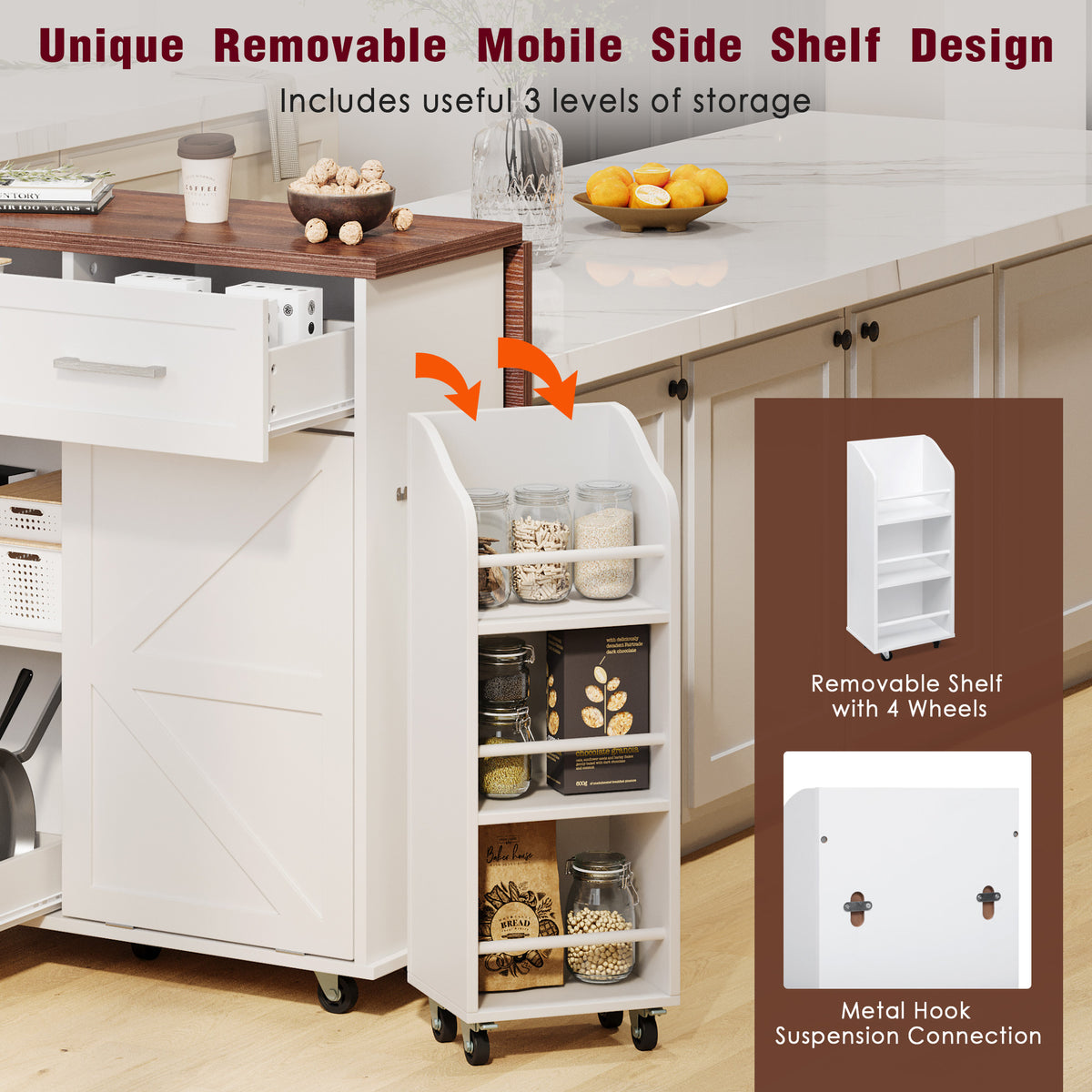 variant-group:rf-n707p307296w|Roomfitters 47.2" Farmhouse Kitchen Island with Drop Leaf, Tilt Trash Can Cabinet, Removable Mobile Side Racks, White