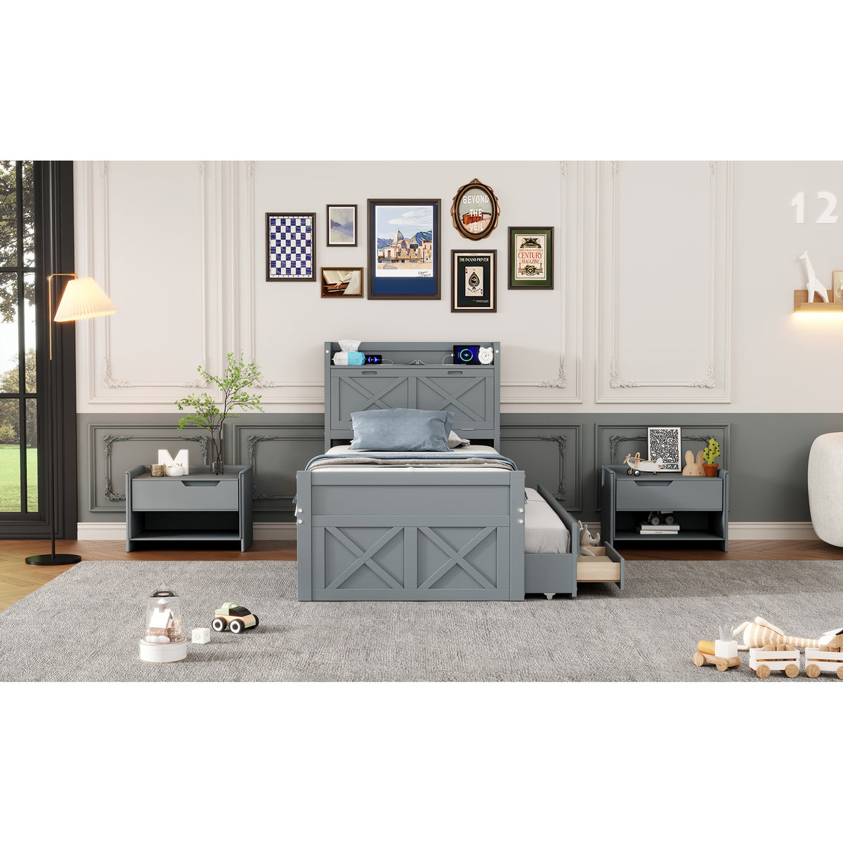 variant-group:rf-n733s172839e|Roomfitters Twin Size Wooden Bed with Storage Headboard, Convenient Outlets, Extendable Frame with Twin Trundle and Ample Storage, Gray