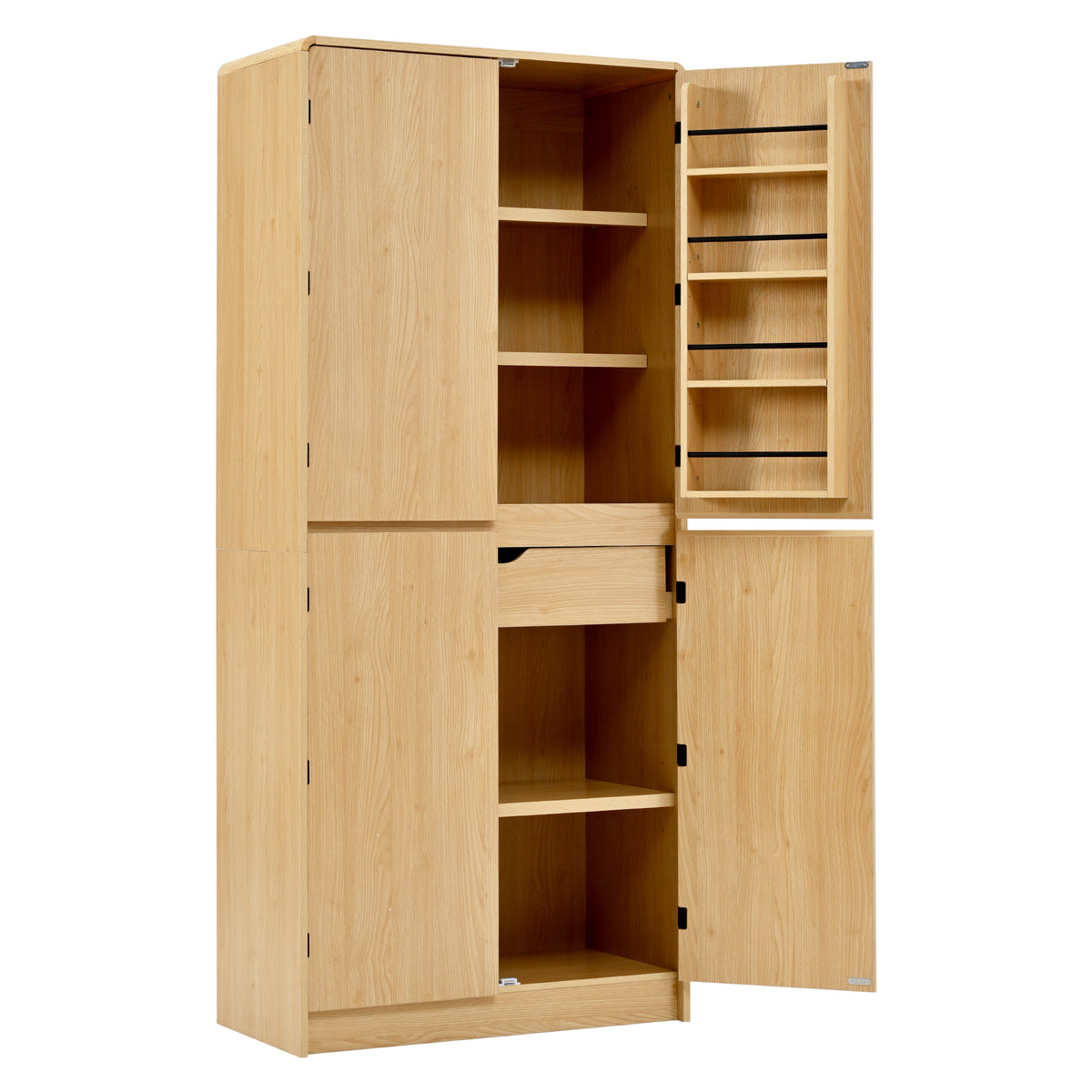 variant-group:rf-n707s000021y|Roomfitters 72" Tall Farmhouse Kitchen Pantry Cabinet with Curved Profile & 8 Door Shelves, Natural Oak