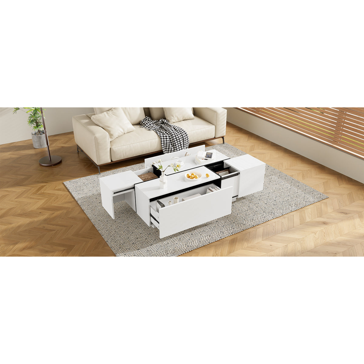 variant-group:rf-n724p292070k|Roomfitters Glossy Extendable Coffee Table with 2 Drawers and Hidden Storage Compartments, Multi-Functional Design, White