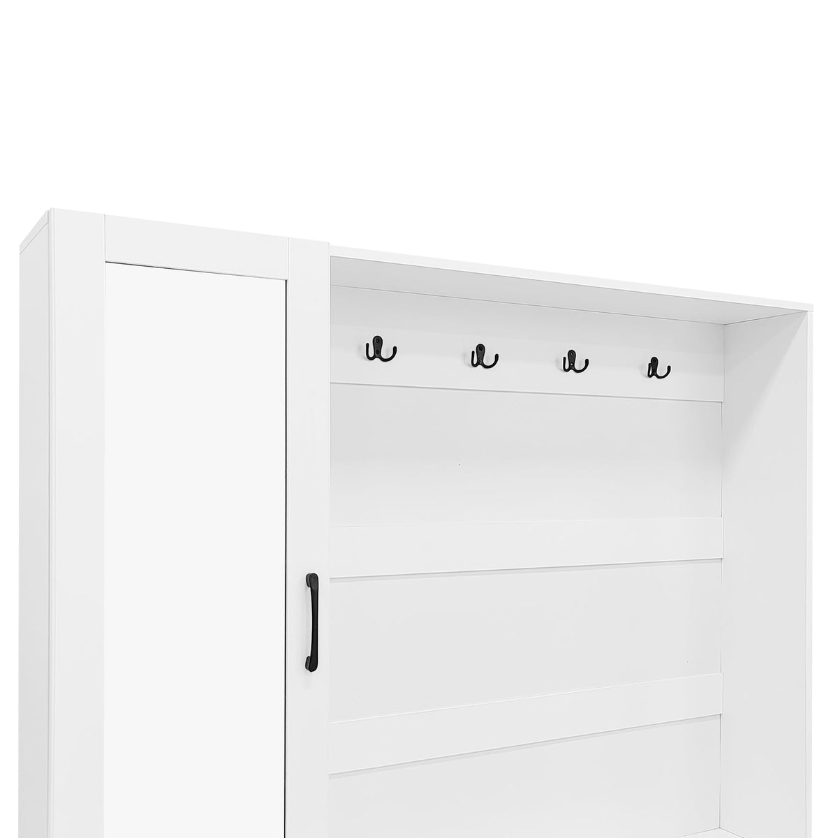 Roomfitters Entryway Bench with Shoe Cabinet and Mirror Door, Foldable Seat and 4 Hooks, White Roomfitters