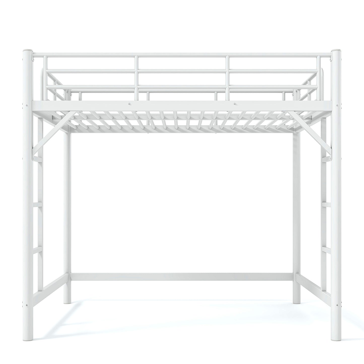 variant-group:rf-w1580p455016|Roomfitters Full Size Metal Loft Bed Frame with Guardrails, Heavy Duty Space Saving High Loft Bed Dual Ladders, White