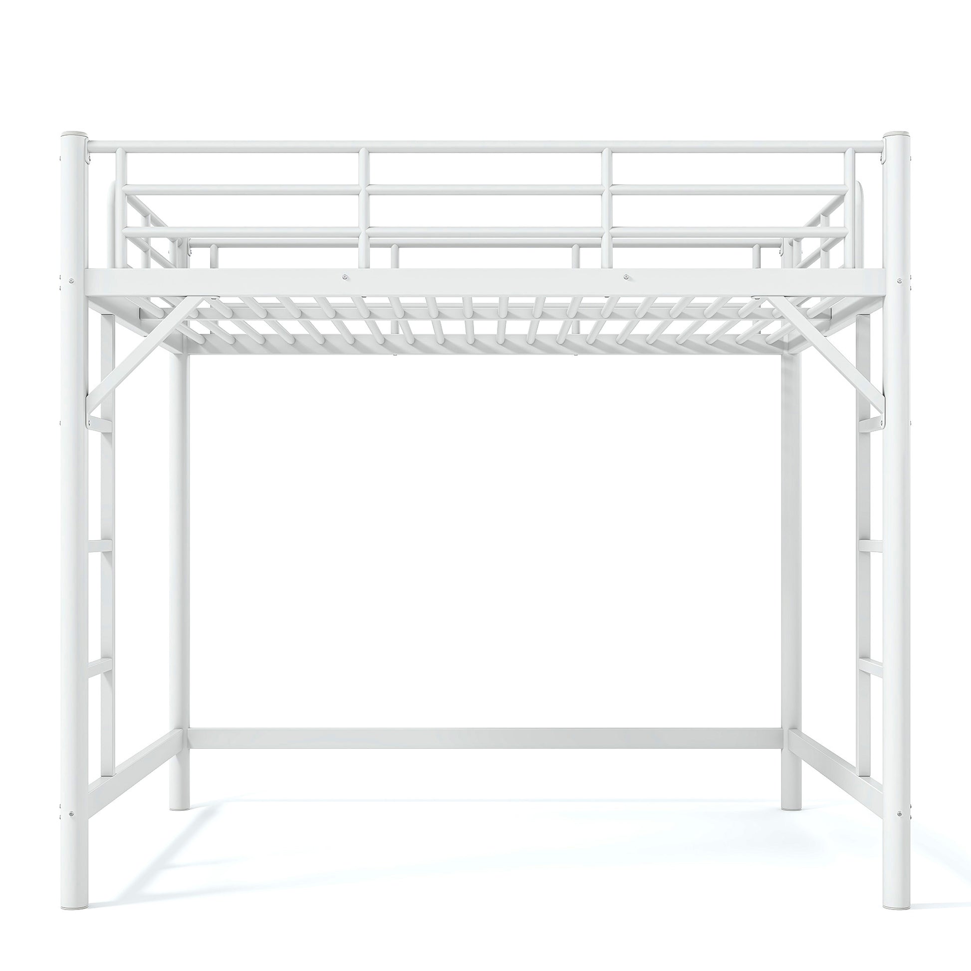 variant-group:rf-w1580p455016|Roomfitters Full Size Metal Loft Bed Frame with Guardrails, Heavy Duty Space Saving High Loft Bed Dual Ladders, White